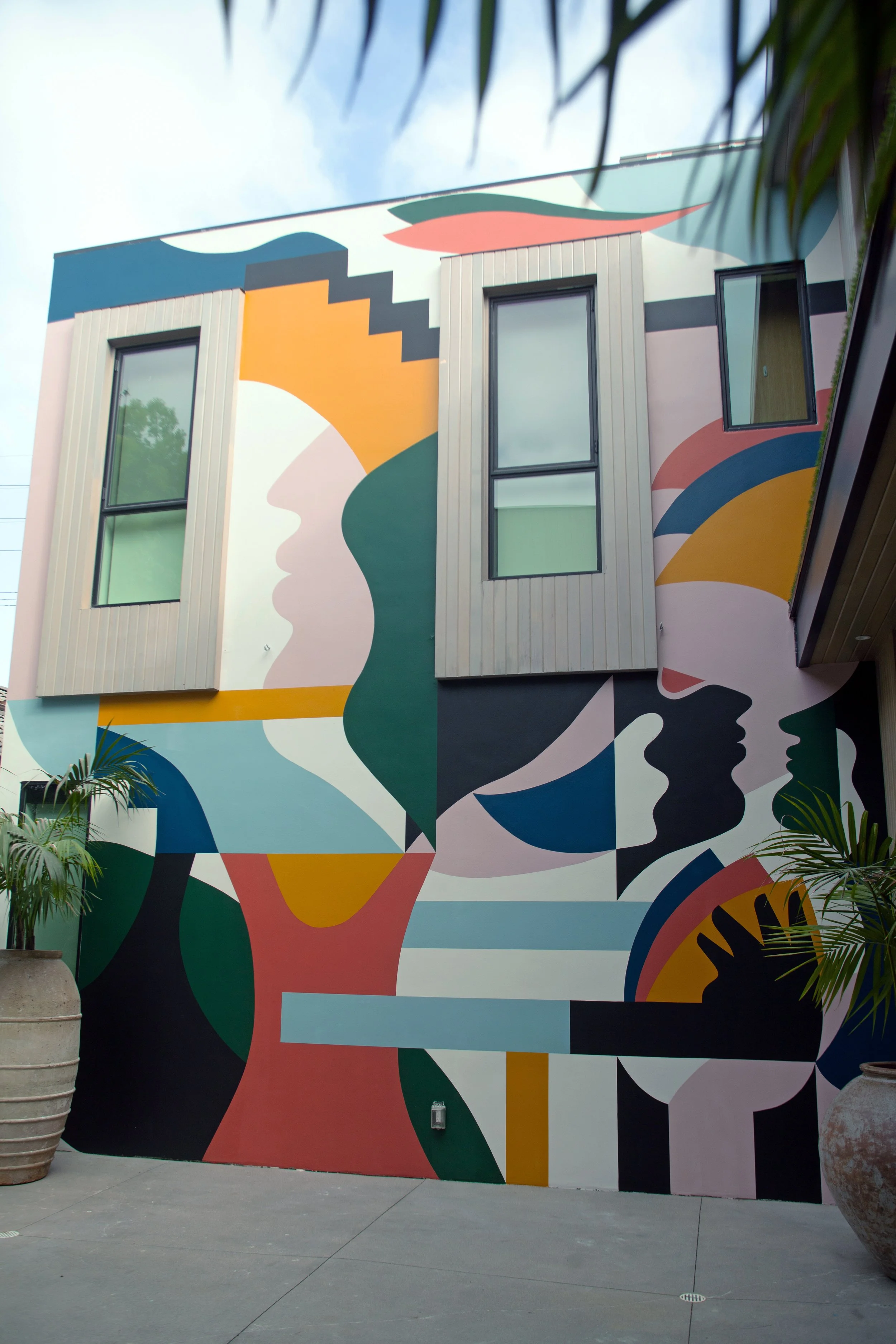 Wooden Courtyard Mural, Venice CA — Buckley large-scale wood marquetry public artwork