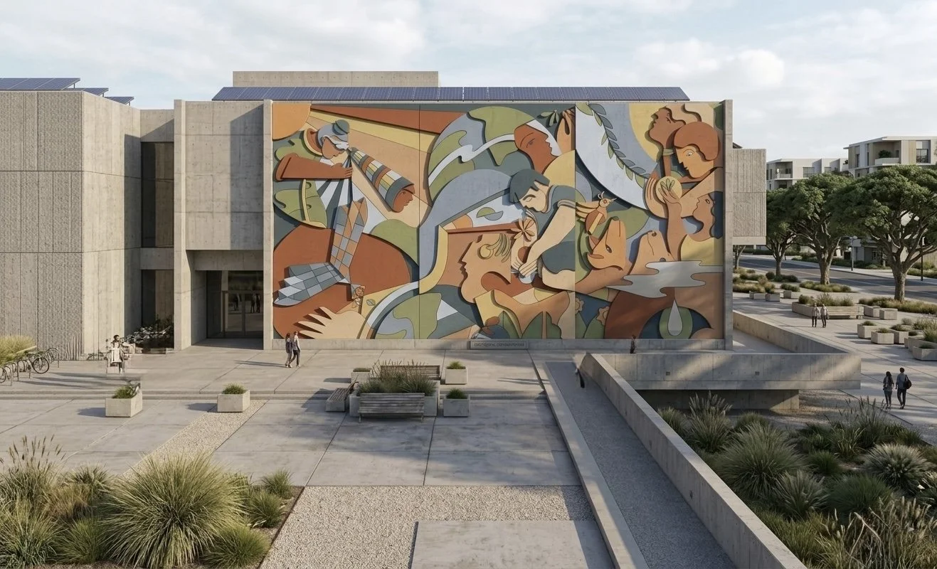 Bas-relief civic mural on building facade — Buckley site-specific public artwork