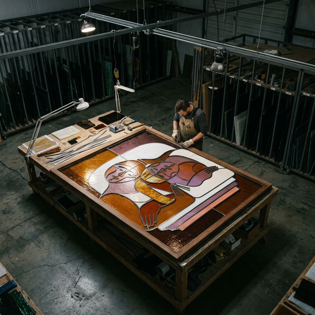Scottish Stained Glass fabricator assembling Le Sorelle — Buckley x Scottish Stained Glass