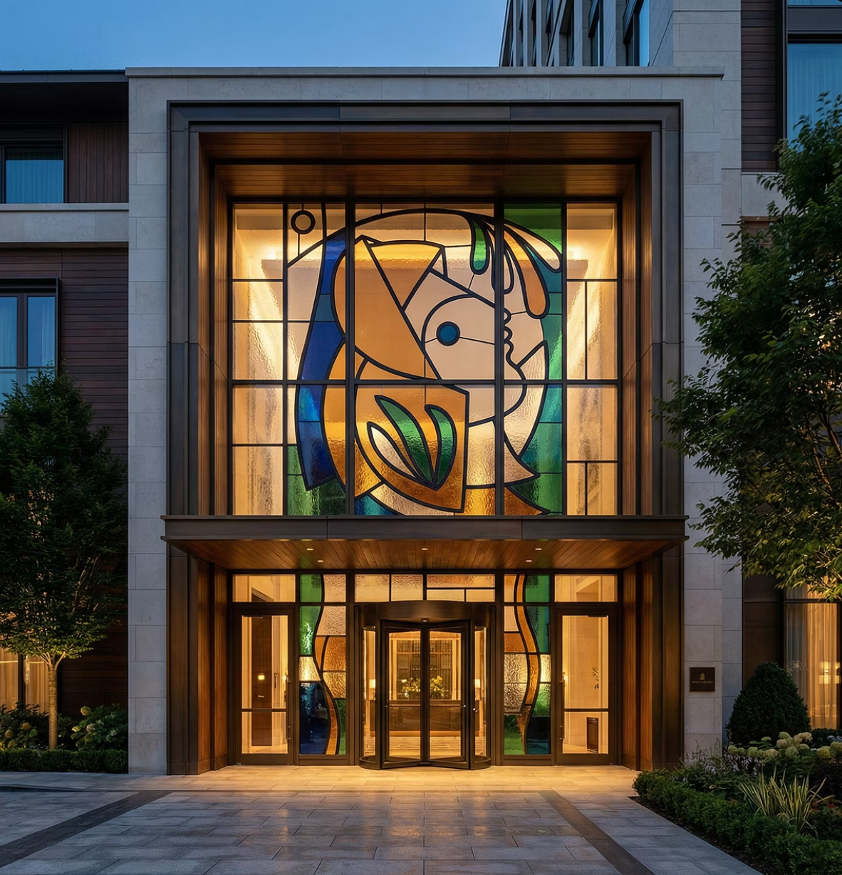 Architectural stained glass facade — hotel entrance at dusk, Buckley