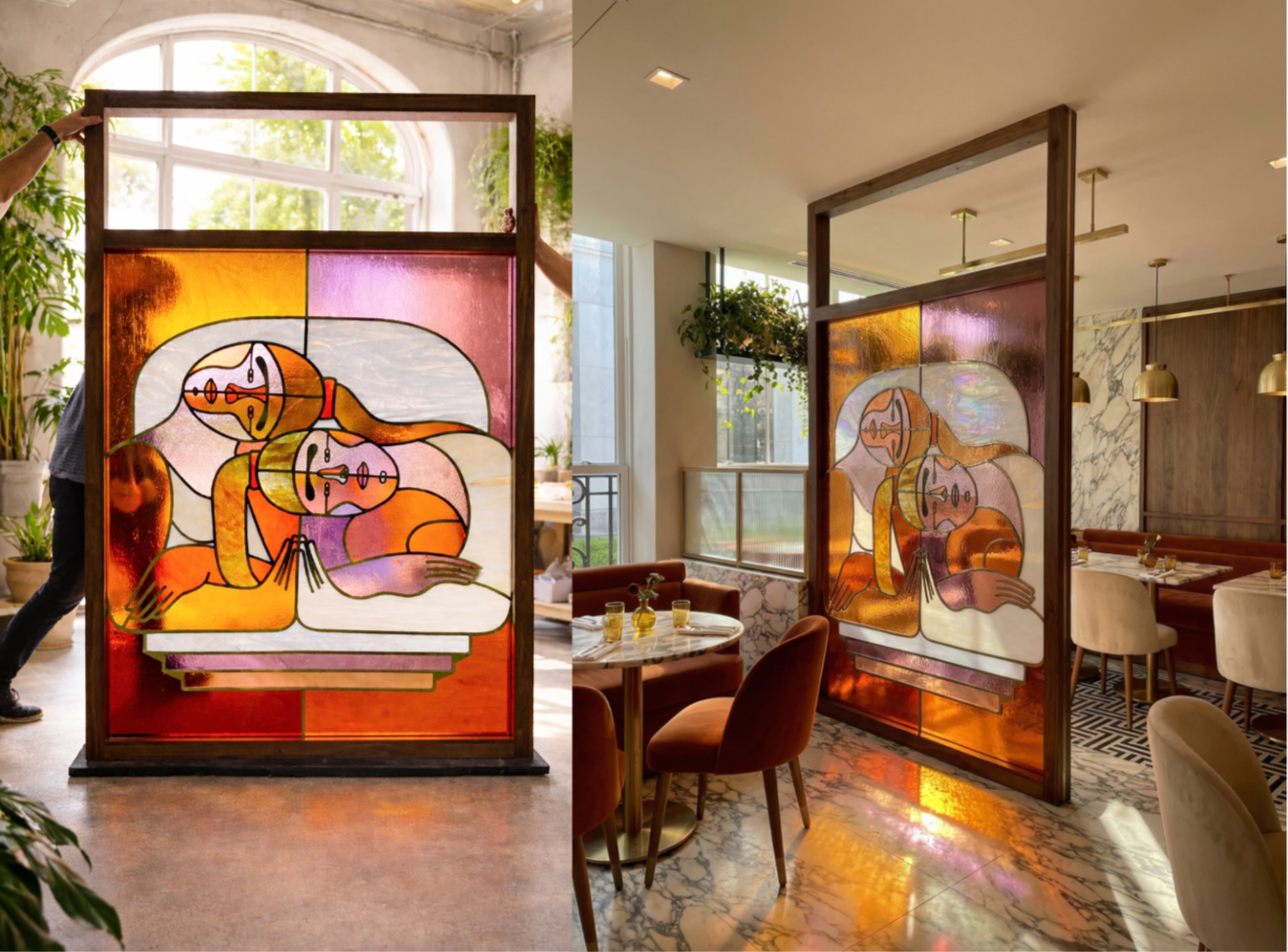 Le Sorelle stained glass diptych — installation and in-situ, Charleston SC