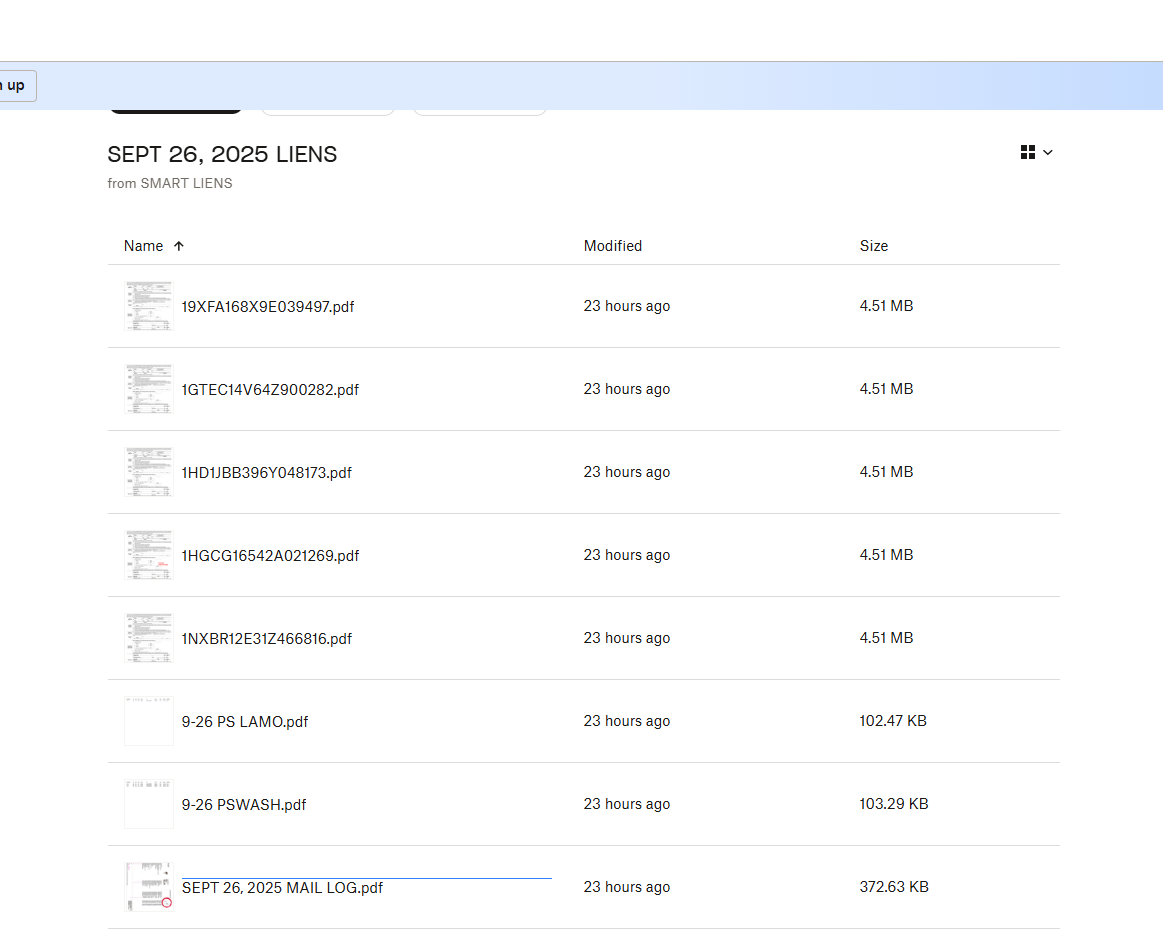 VIEW YOUR LIEN SALES
Smart Liens makes digital copies available shortly after submission, once we have thoroughly reviewed every lien sale. We carefully stamp possible junks and salvages to ensure you are fully informed about the title status of each