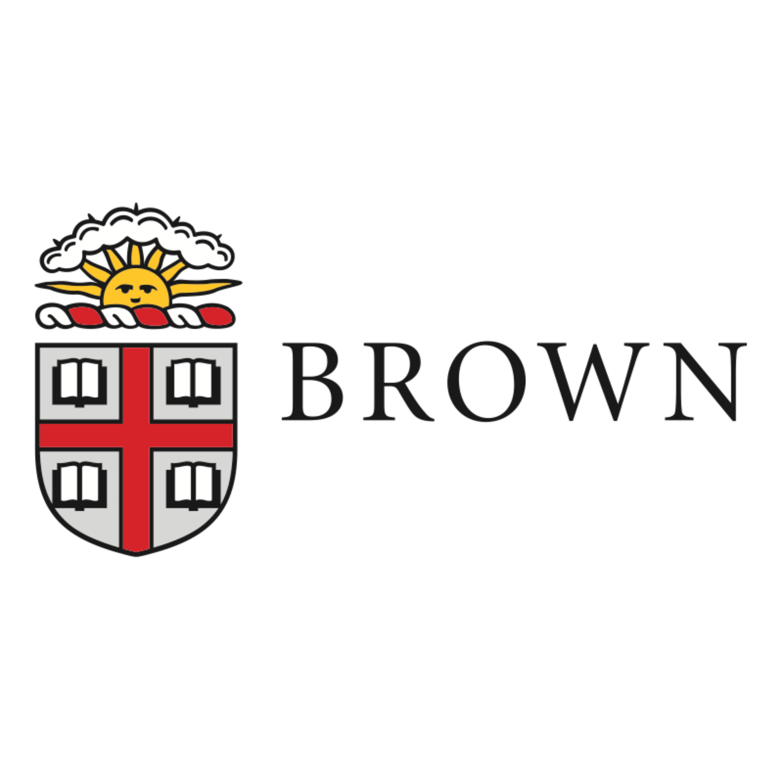 Brown University logo featuring a shield with a red cross, two open books, and a cloud with the sun, accompanied by the text 'BROWN UNIVERSITY'.