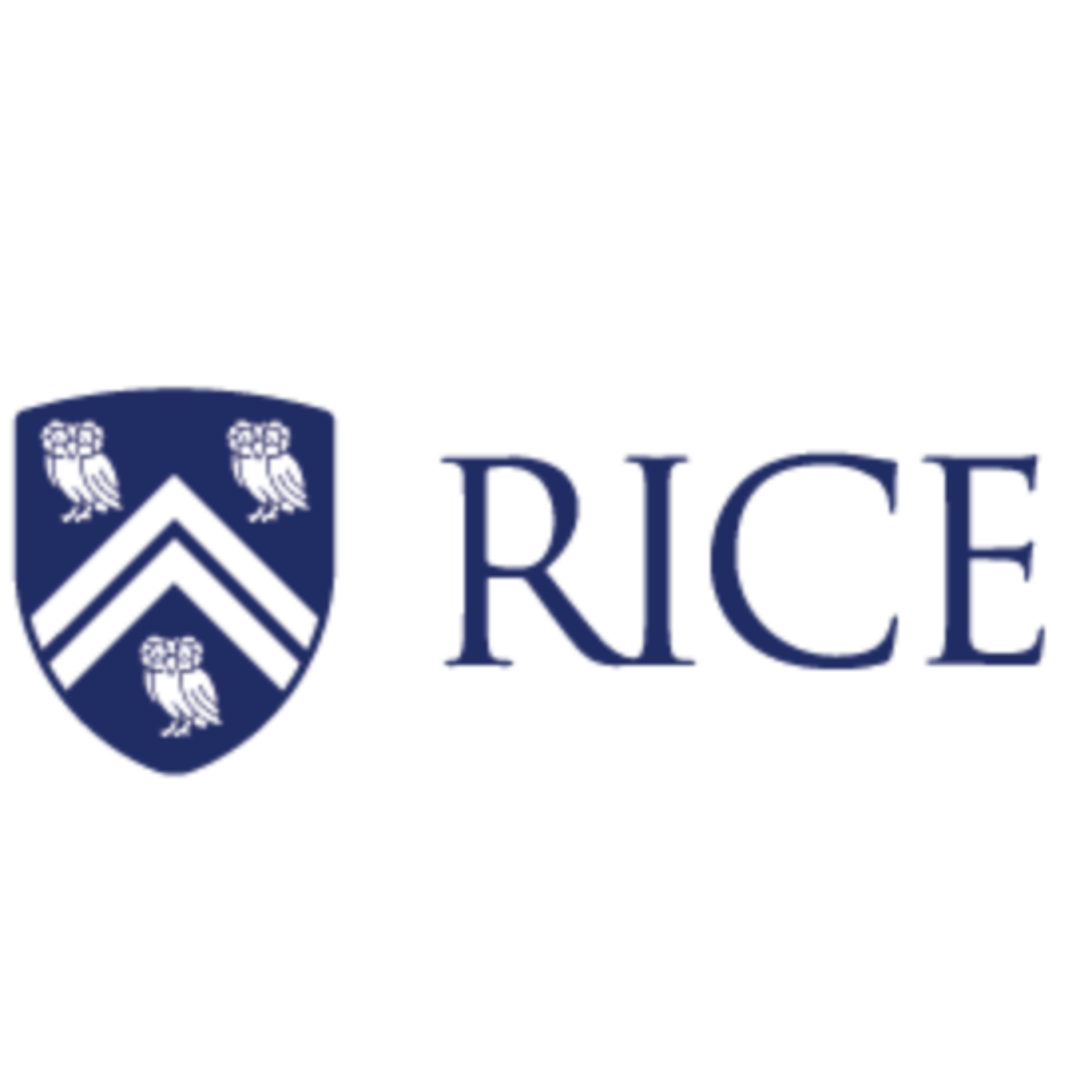 The logo of Rice University featuring a shield with three white eagles and chevrons, and the word "RICE" in blue text.