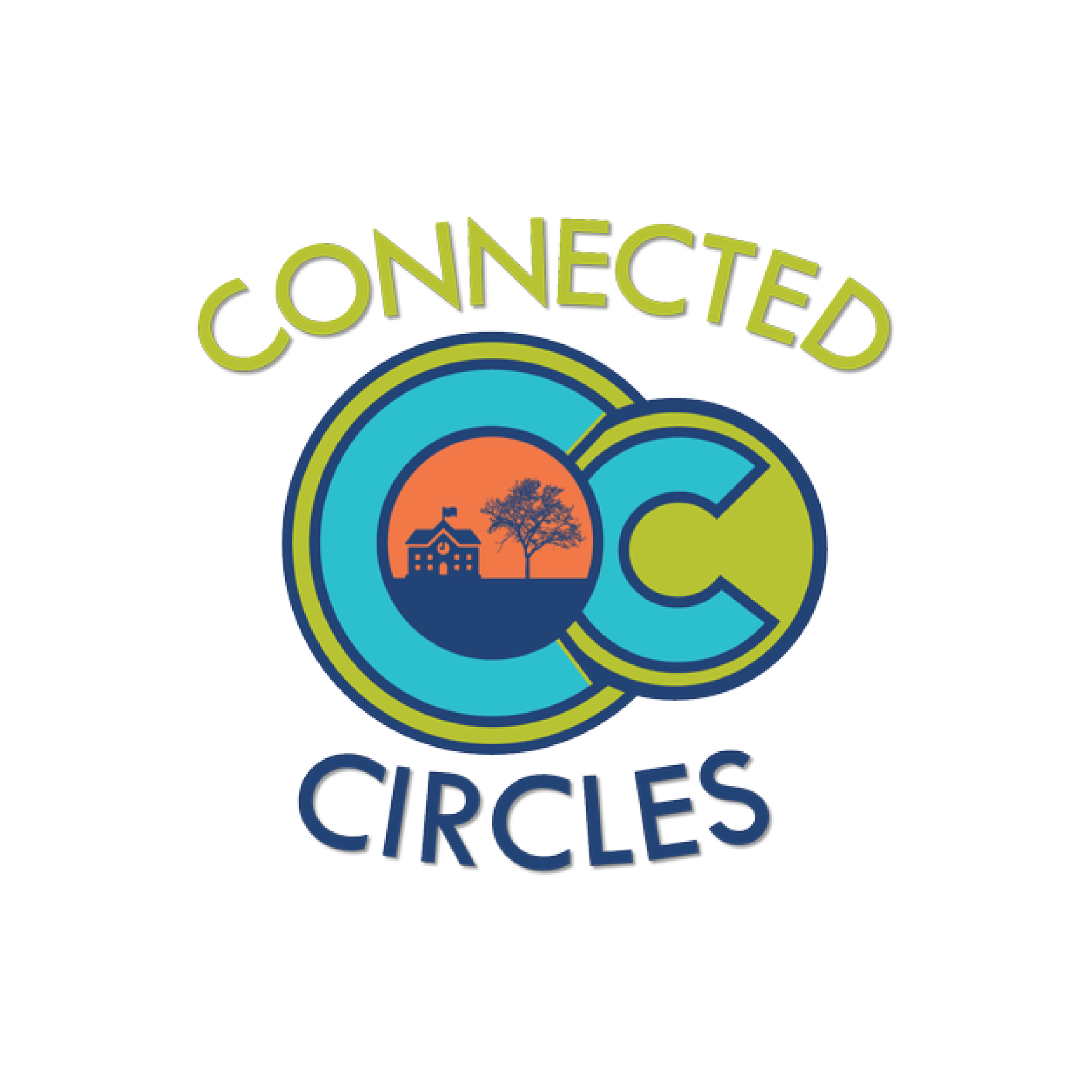 Logo with interlocking circles in green and blue, featuring a house, a tree, and a sunset, with the words 'Connected Circles' in green and blue text surrounding the graphic.