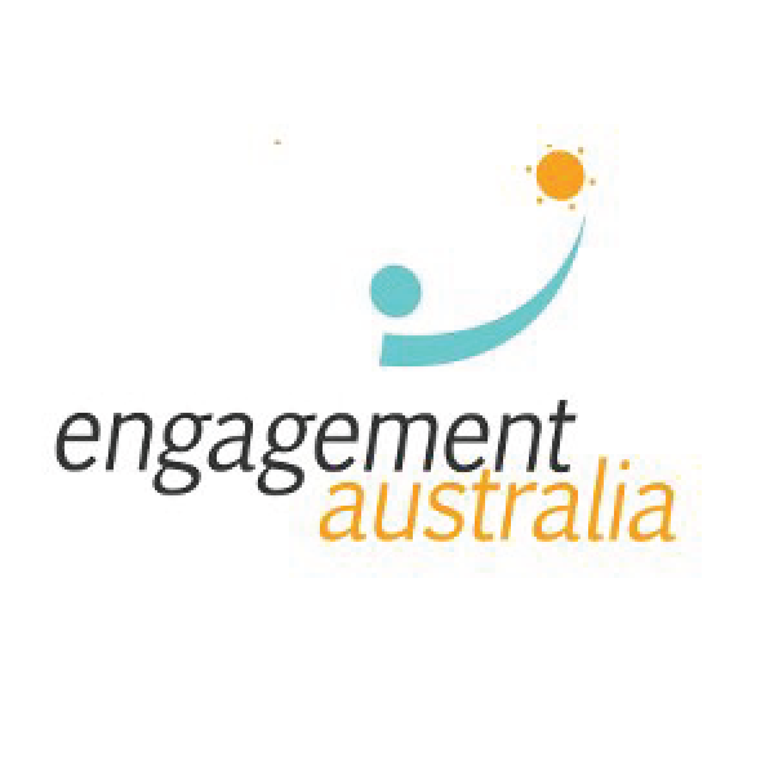 Logo for Engagement Australia featuring two stylized human figures in teal and orange, with the teal figure reaching toward the orange sun, and the words 'engagement australia' beneath in black and orange text.