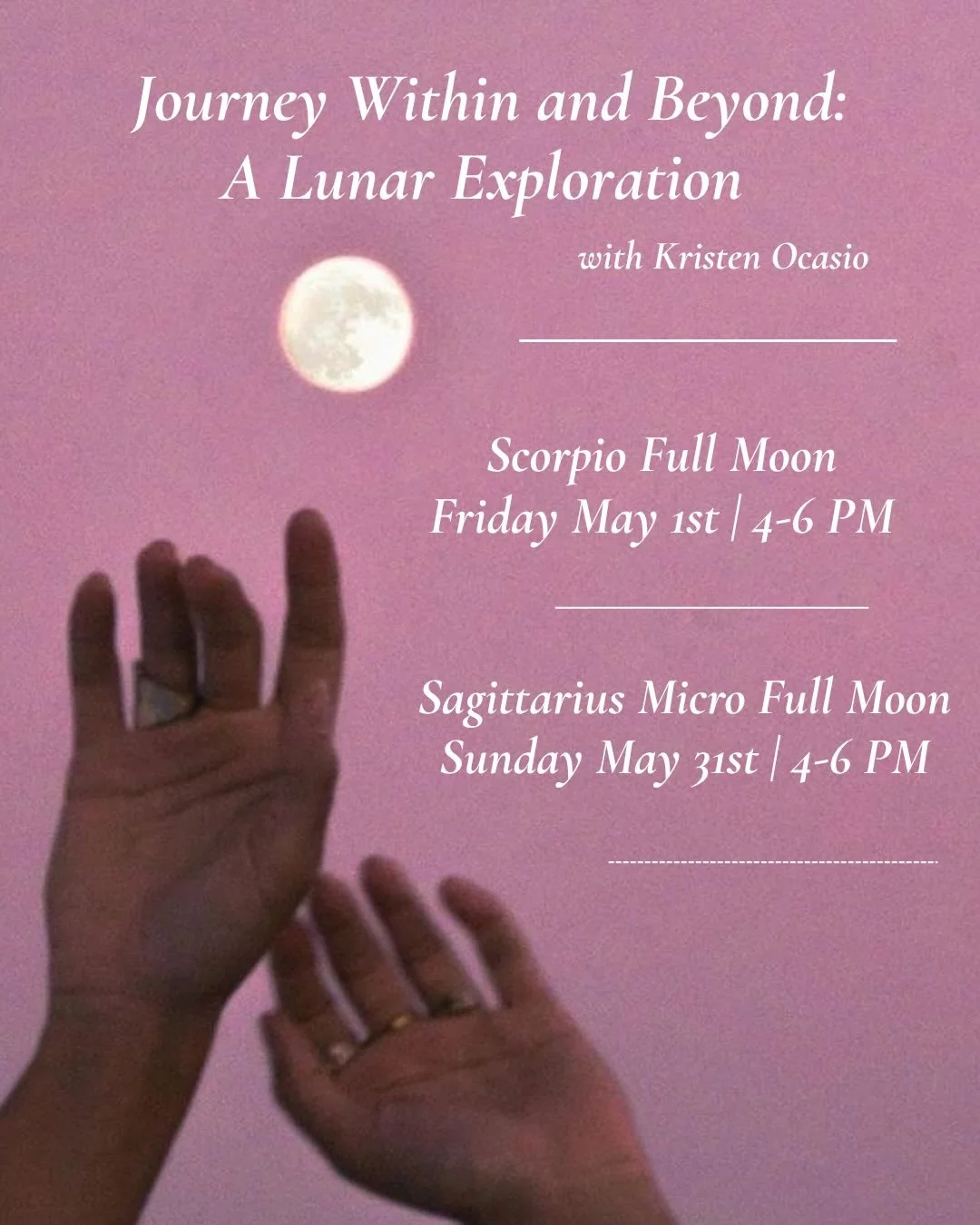 Sagittarius Micro Full Moon ✺
Restore &bull; Reignite &bull; Renew
May 31st, 4&ndash;6pm 

Our second Full Moon of May is on her way! Join @sea_me_rise_ next Sunday for a lunar gathering beneath the Sagittarius full moon &mdash; an evening of restora