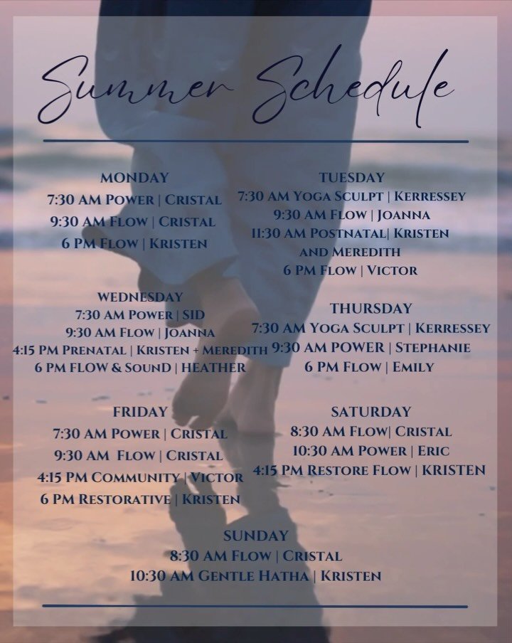Summer is finally here, and so is our new schedule! It&rsquo;s been so beautiful having the studio full again&mdash;familiar faces, new faces, and all the energy that comes with our beloved season. 🌊 

Long mornings, sandy feet, salty air, and plent