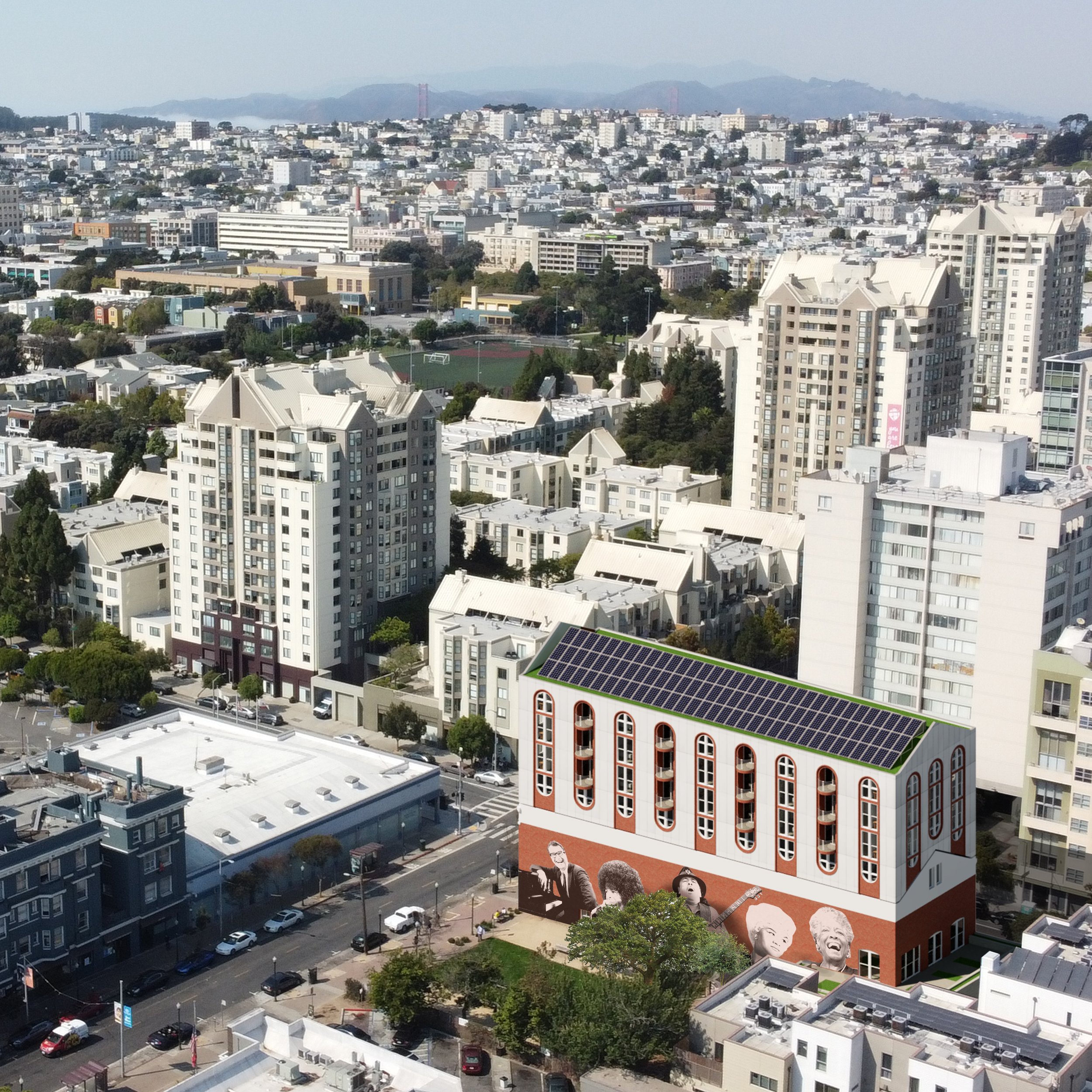 The exposed south façade provides a canvas for local artwork and enhances the experience at the neighboring park.