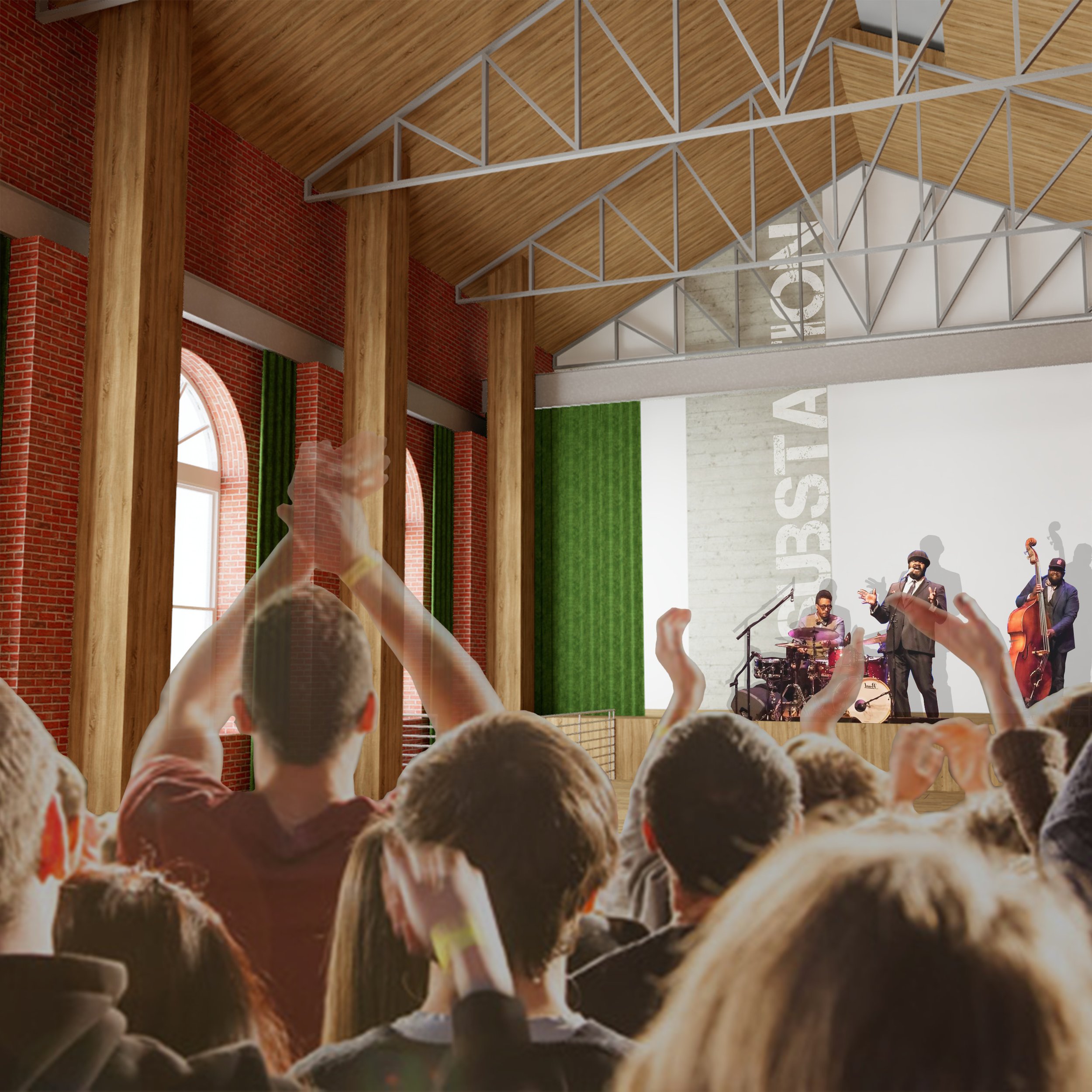 The historic substation, once home to numerous electric transformers serving the old railroad line, now supports local art, music, and performances.