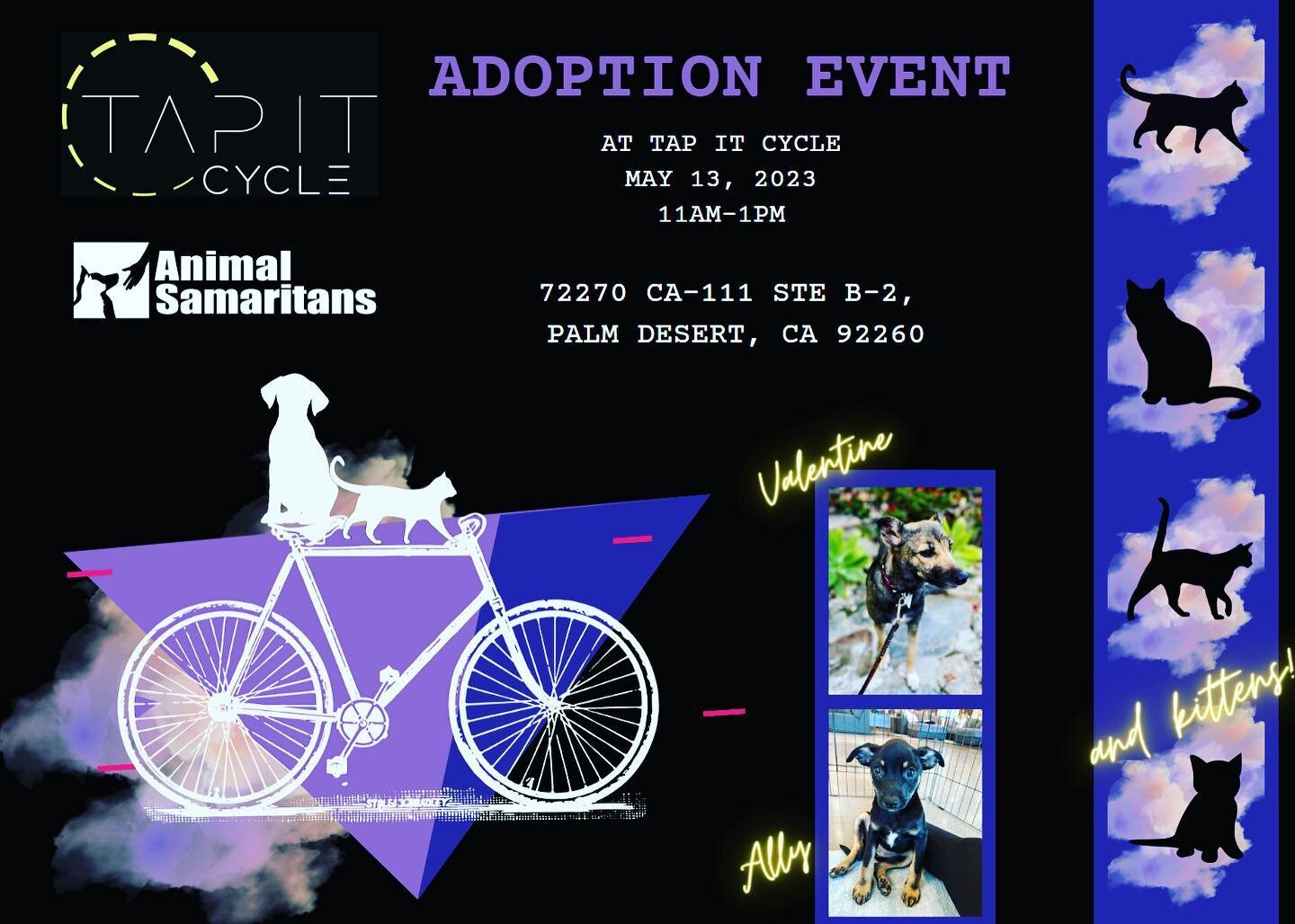 Join us Saturday May 13th &amp; @animalsamaritans for our first PET ADOPTION DAY! This is held at the studio inside (strength room) from 11-1pm. Come visit these beautiful fur babies that need a loving home. For those who adopt TAP IT CYCLE will give