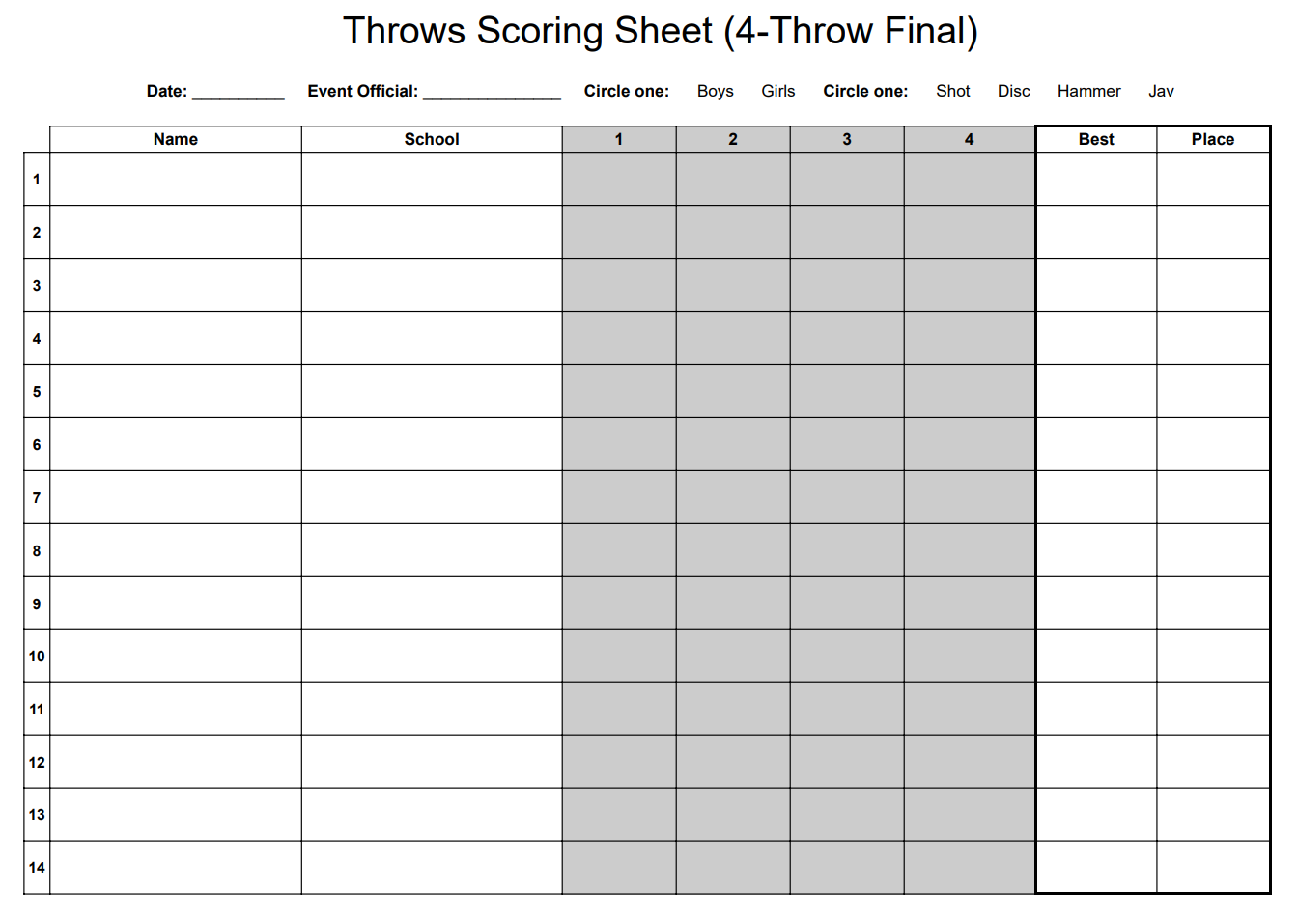 digital download: custom 4-throw final scoring sheet