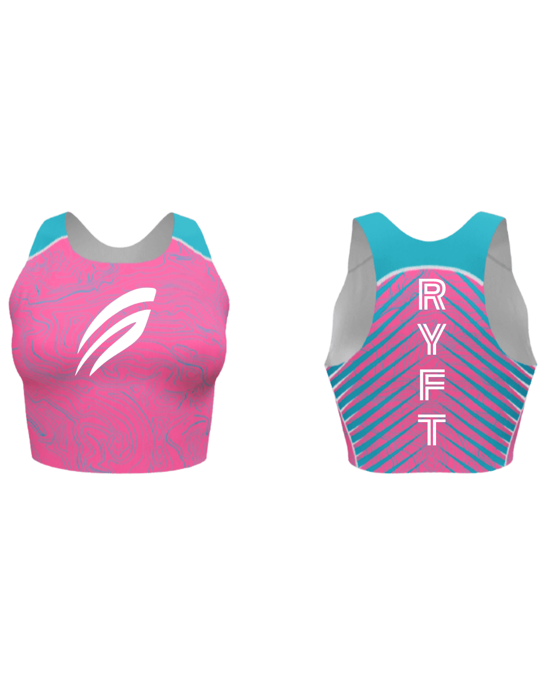 Two sports jerseys with pink and blue patterns, one showing the front with a white logo and the other showing the back with the word 'RYFT' in pink letters.