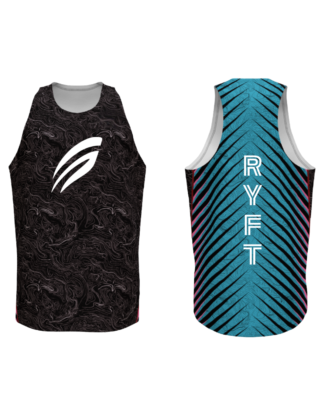 Two athletic tank tops with vibrant patterns; one black with a white logo, and the other blue with diagonal black lines and white text 'RYFT' on the back.