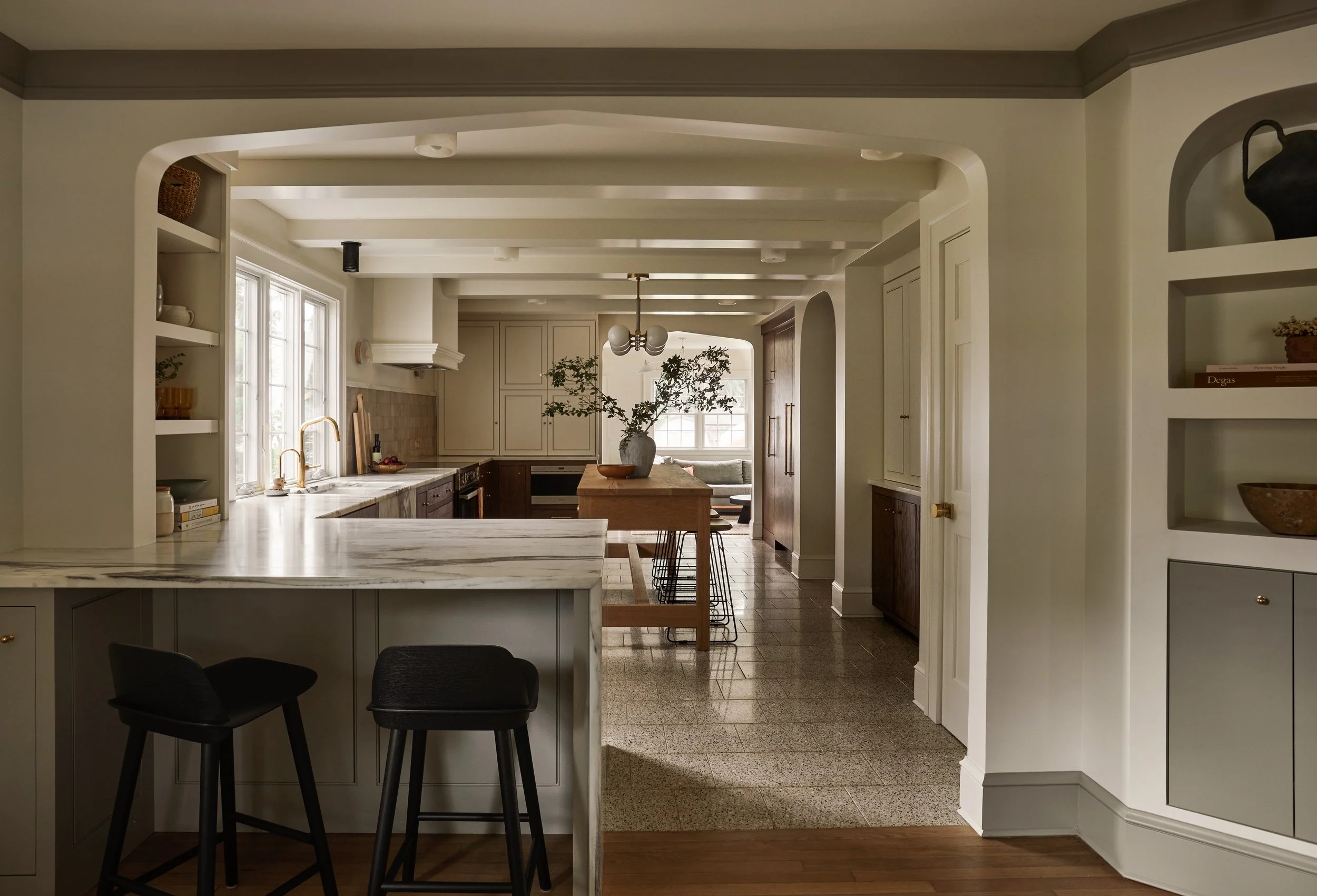 modern kitchen, wood and white, terrazzo floor, corner cabinet.jpg
