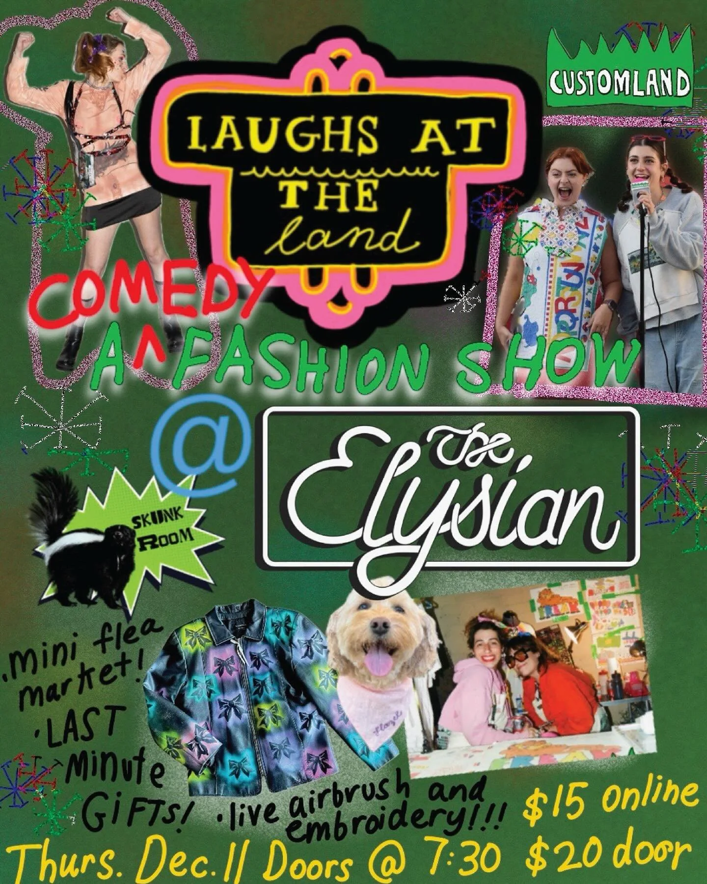 🎄🔔LAUGHS @ THE LAND @ THE ELYSIAN 🔔🎄We&rsquo;re a comedy fashion show hosted by local comics/fashionistas Maddy Schmidt and Jenna Podell. But it&rsquo;s not just any comedy show - we&rsquo;ll be showing off upcycled looks from custom clothing stu