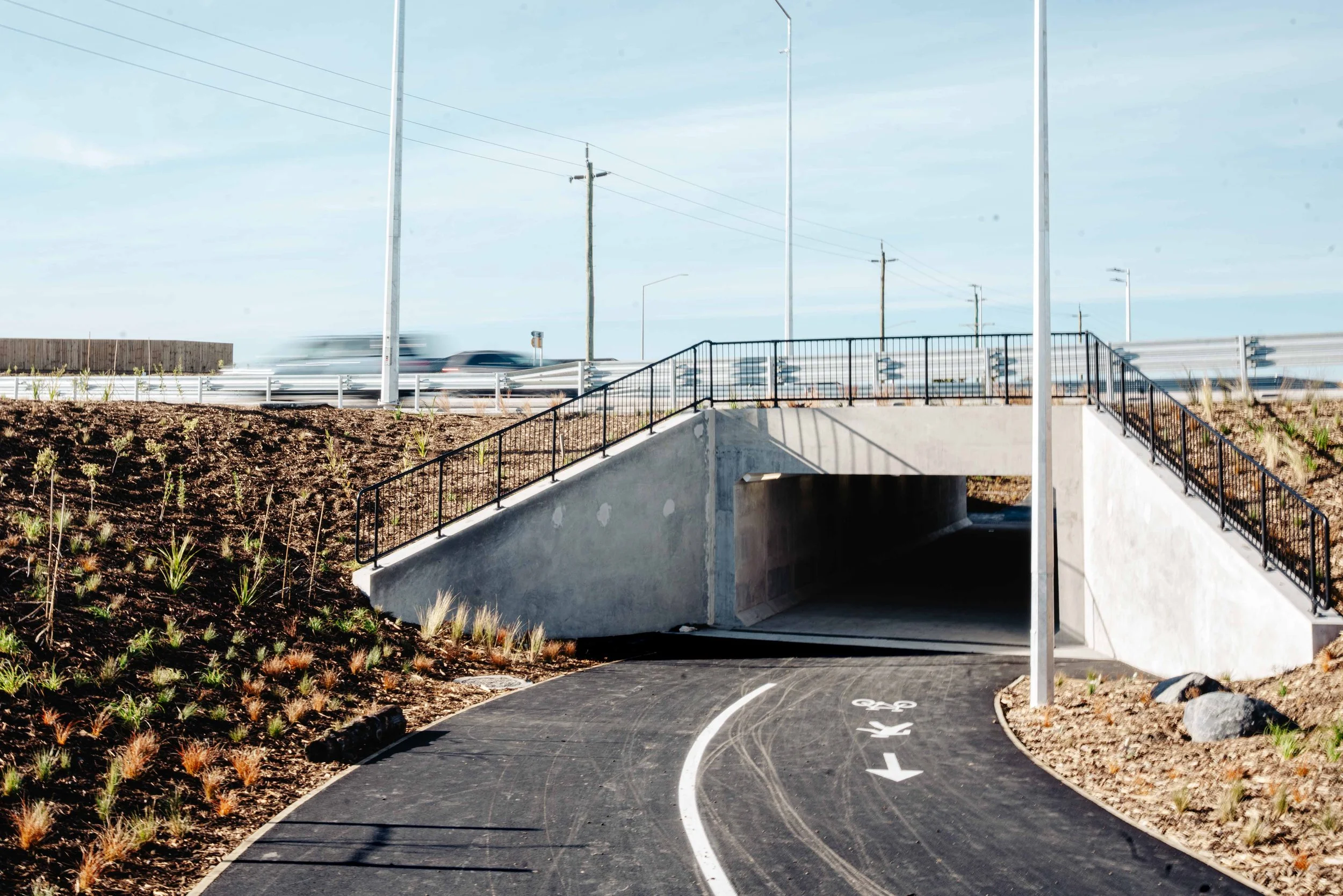 A bike lane with markings and an underpass at the bottom, leading to a overpass above with traffic and utility poles, set against a clear sky.