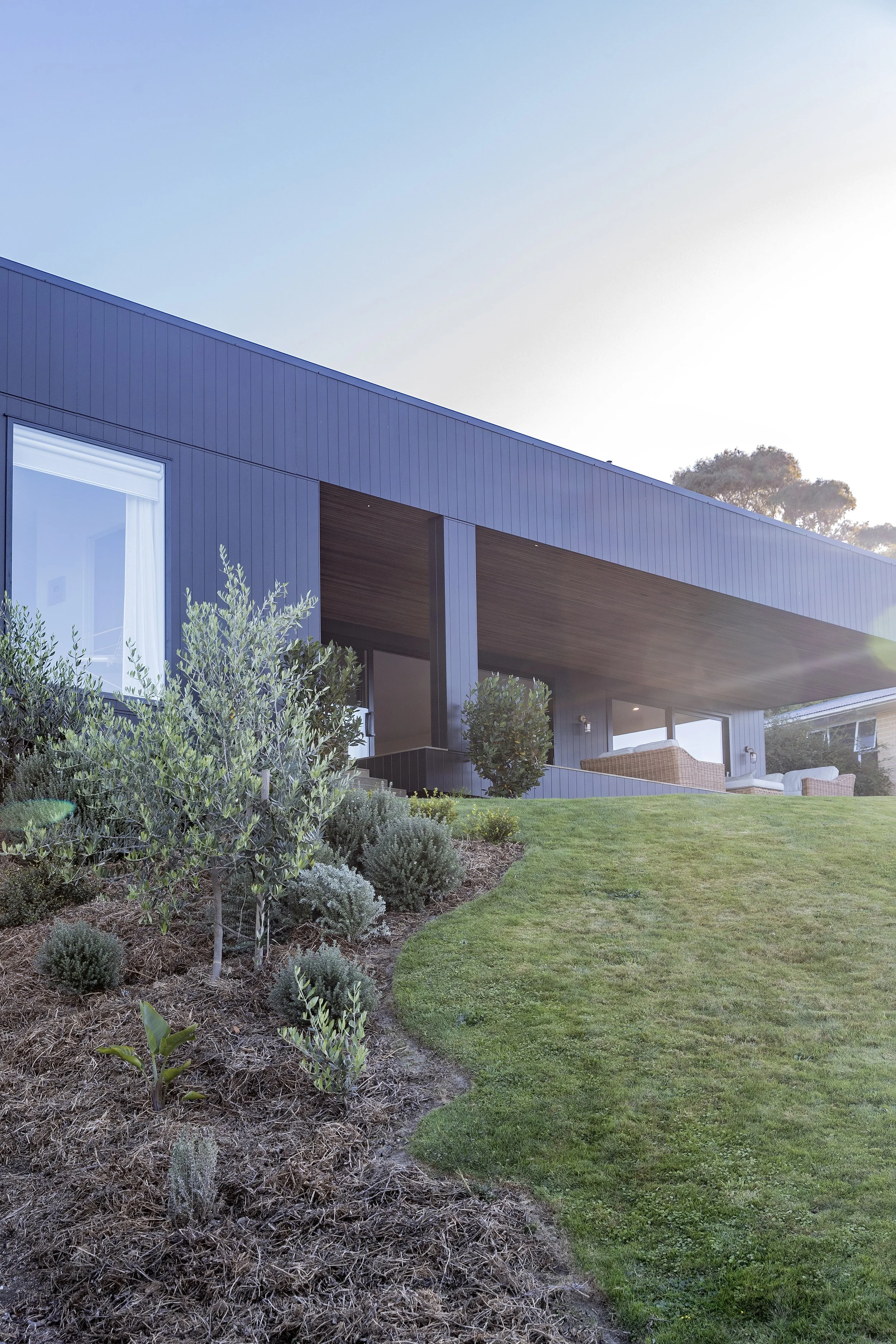 A modern house with large windows, a flat roof, and a beige exterior, surrounded by a landscaped garden with trimmed grass, shrubs, and trees, under a clear blue sky.