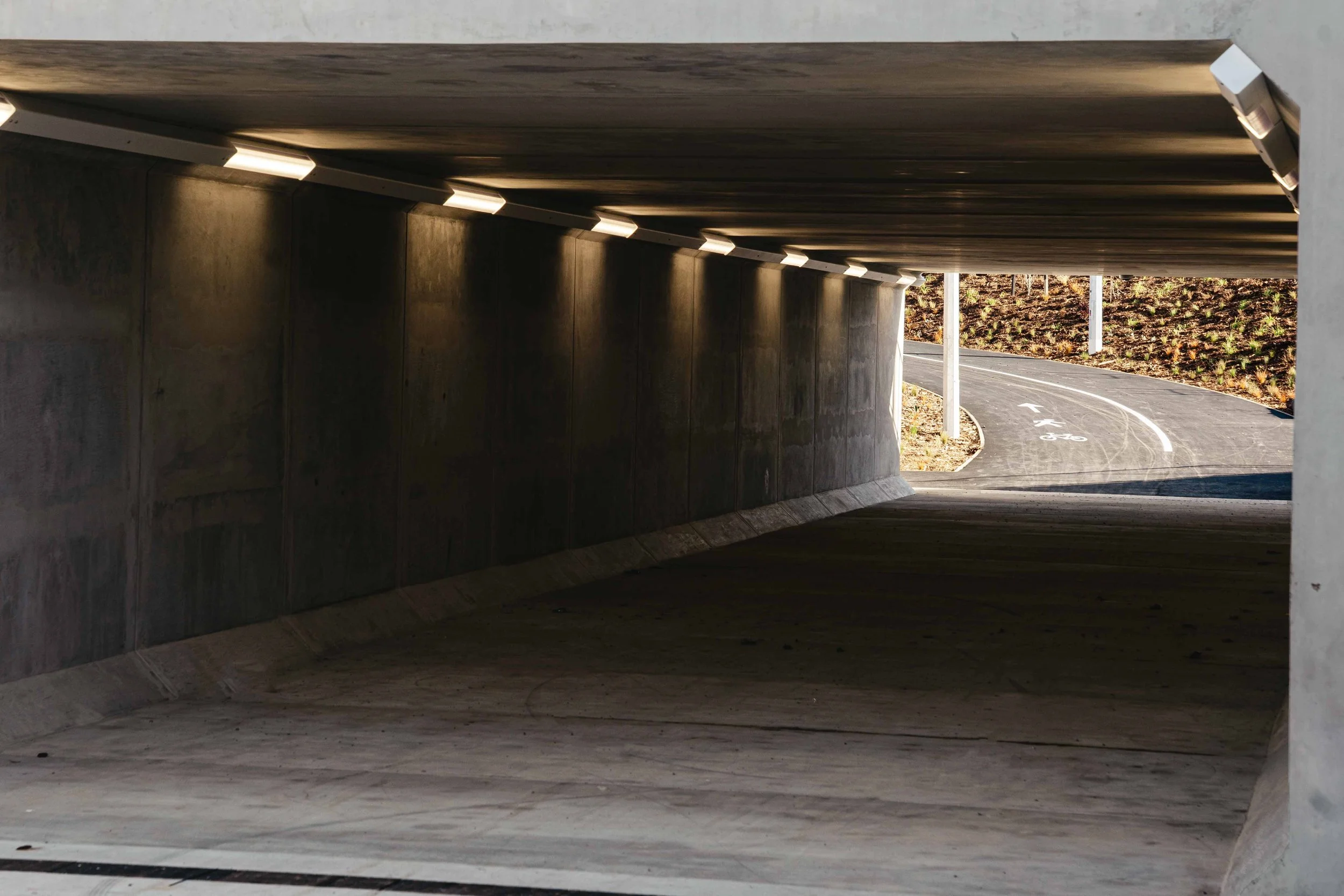 Underpass with concrete walls and ceiling, emergency lights, and a bike lane with a curve in the distance, plants and trees visible outside.