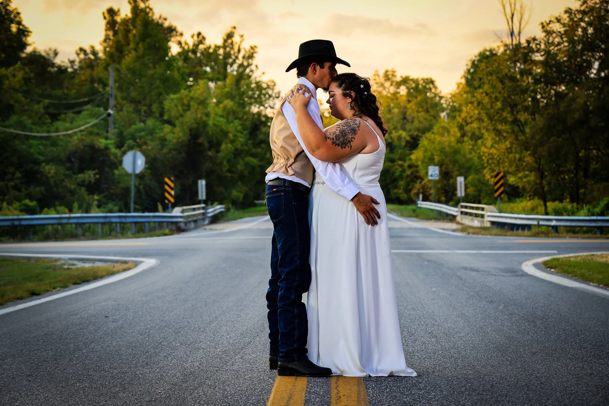sunset bride and groom