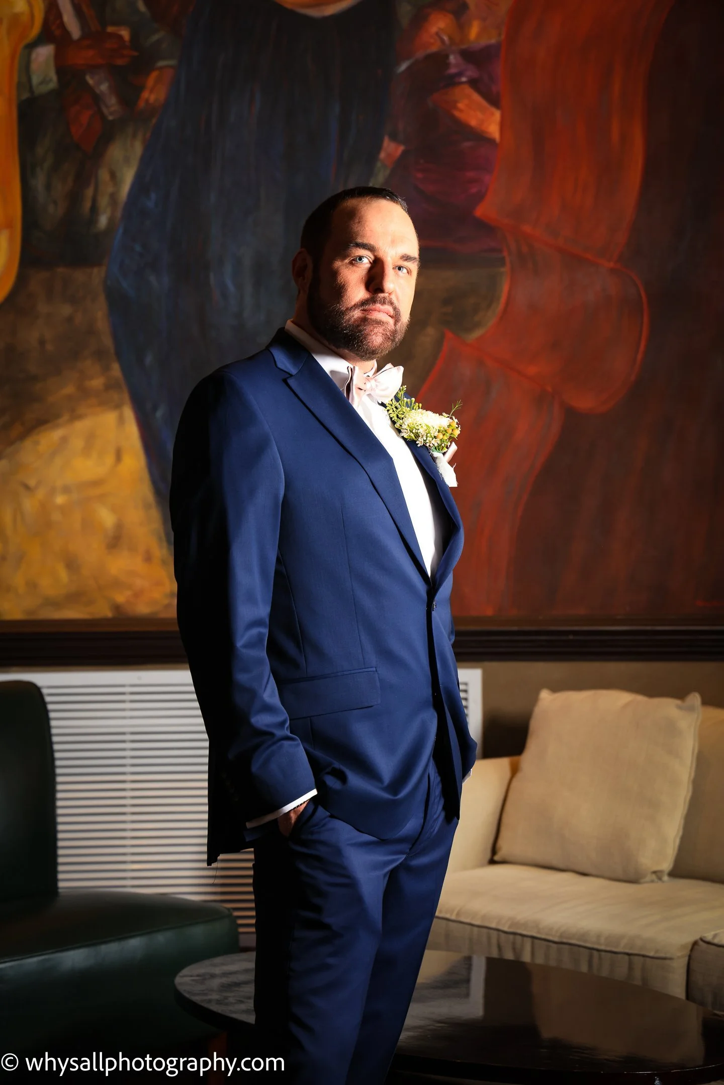 Groom portrait showing natural skin tones in an artistic shot | Whysall Photography