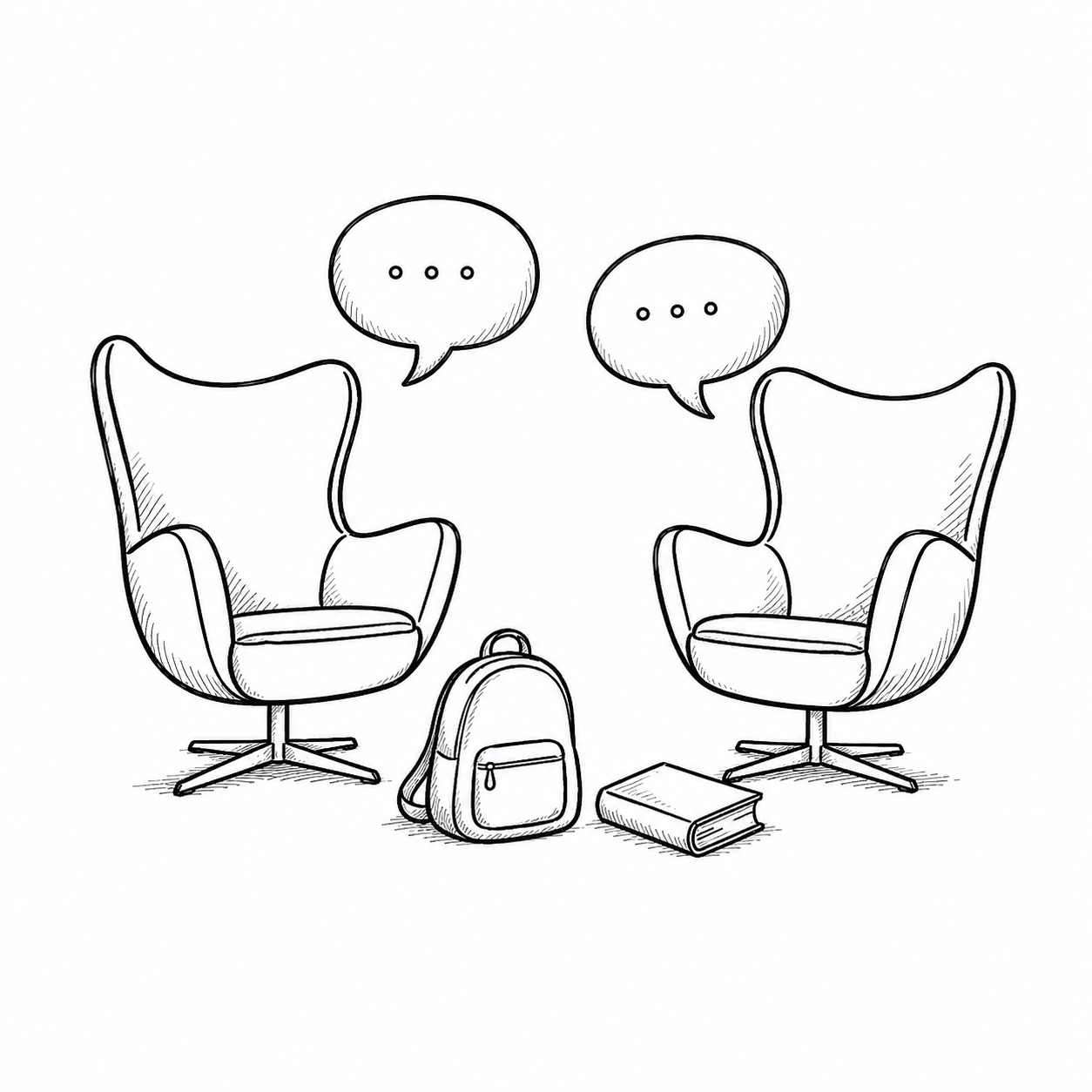 Hand-drawn counselling chairs with speech bubbles, backpack, and book representing parent-child and family counselling at SOAR Counselling.