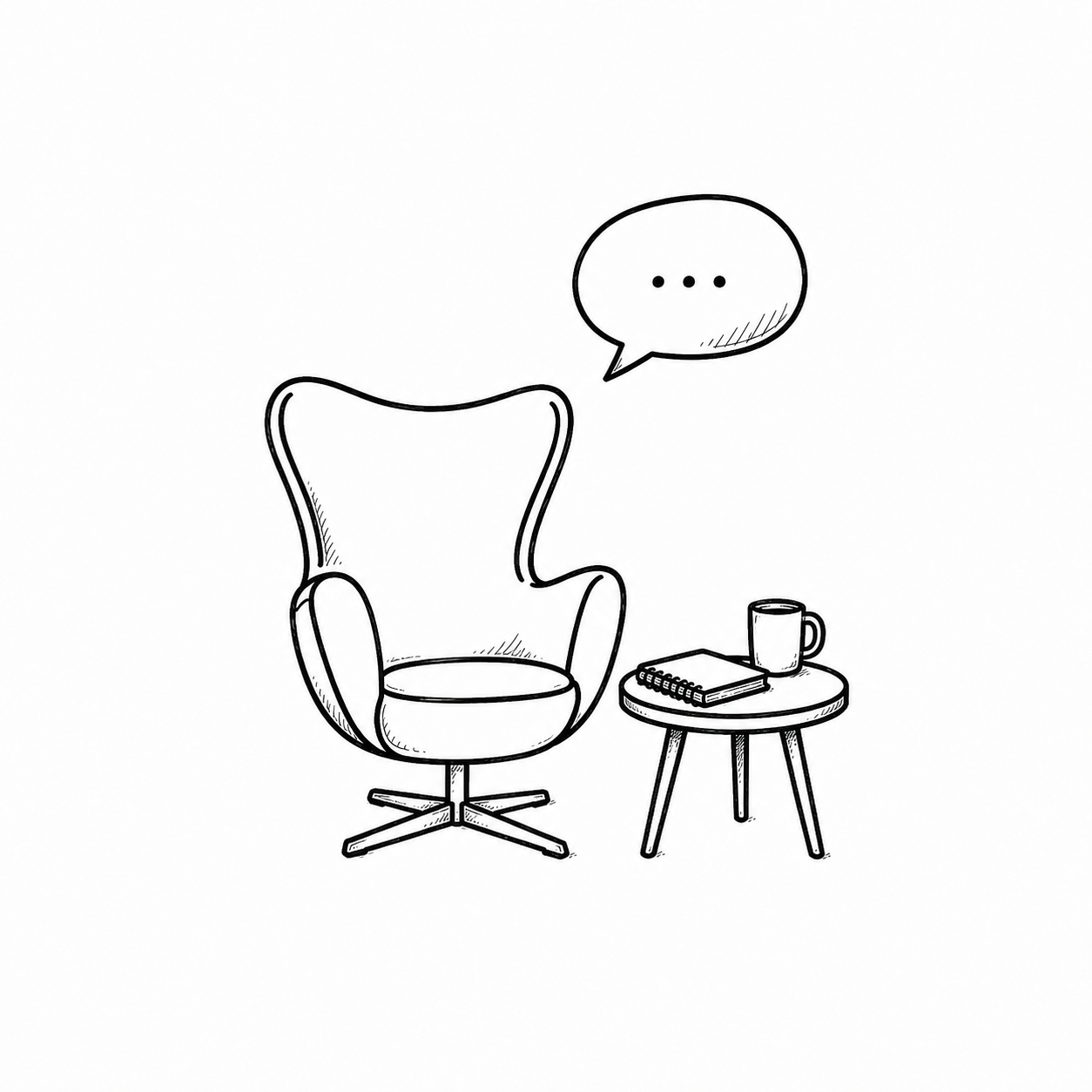 Hand-drawn counselling chair with notebook and speech bubble representing parent consultation and caregiver support at SOAR Counselling.