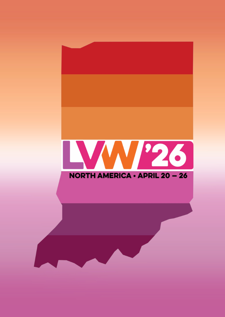 LVW'26 North America: April 20 - 26, Indiana Logo with Lesbian Pride Flag Colors