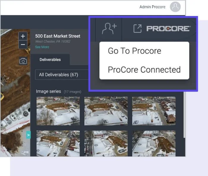 Screenshot of a drone images app showing a location at 500 East Market Street, West Chester, PA. It displays recent drone images of a snow-covered area with buildings, and a menu with options to go to Procore and connect to Procore.