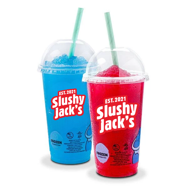 Two Slush Jack's cups, one blue and one red, with straws, containing no-sugar frozen slush drinks.