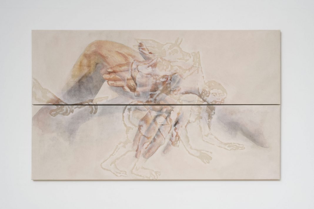 Oriente Plazzi Marzotto “Sexsomnia”, 2023, tecnica mista su tela, cm 60 x 100, courtesy Gilda Lavia, ph Giorgio Benni