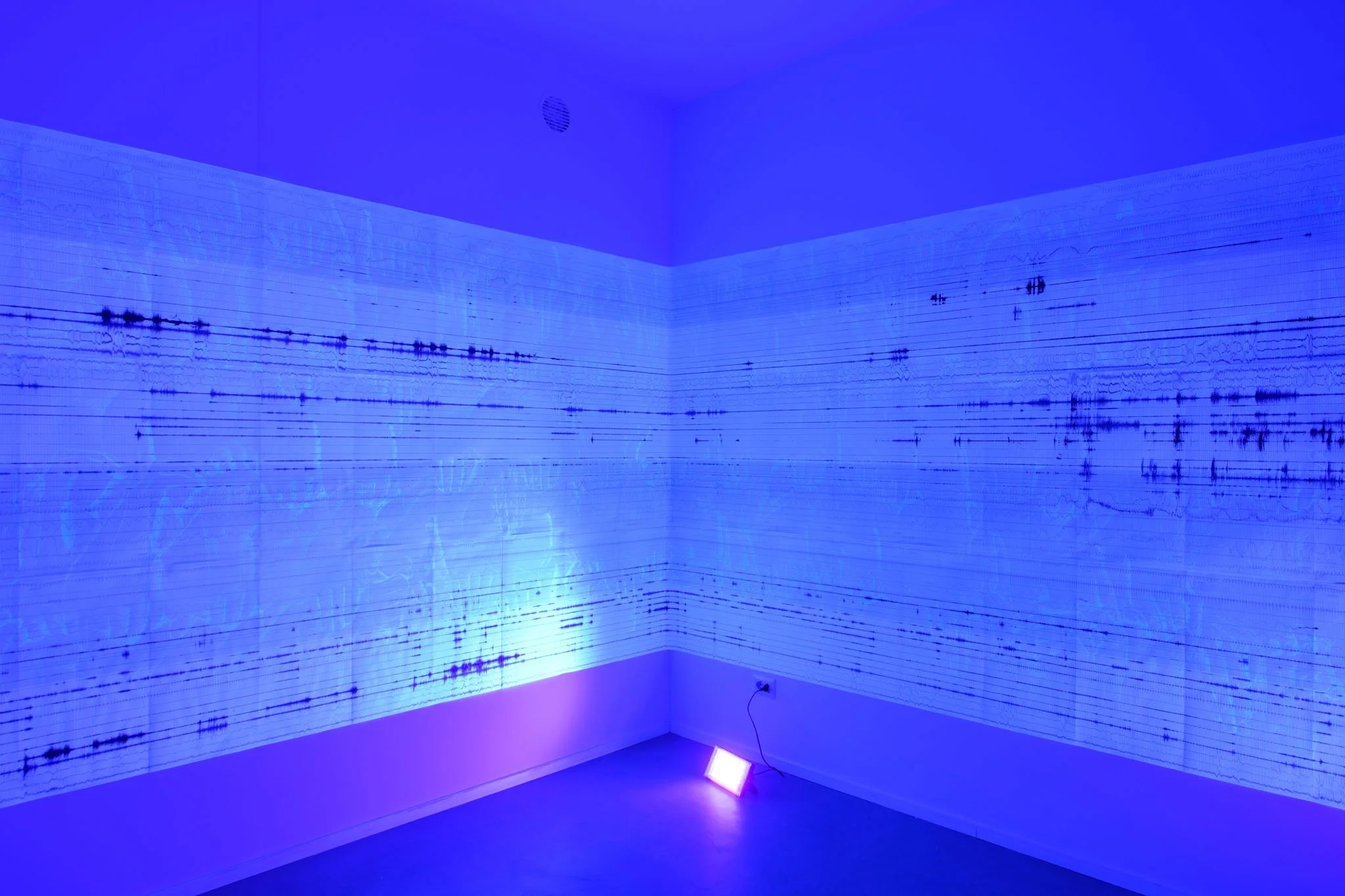 Oriente Plazzi Marzotto, “C’è chi veglia e c’è chi può dormire”, 2023, polisonnografie, inchiostro invisibile su carta, intervento site specific, courtesy Gilda Lavia, ph Giorgio Benni