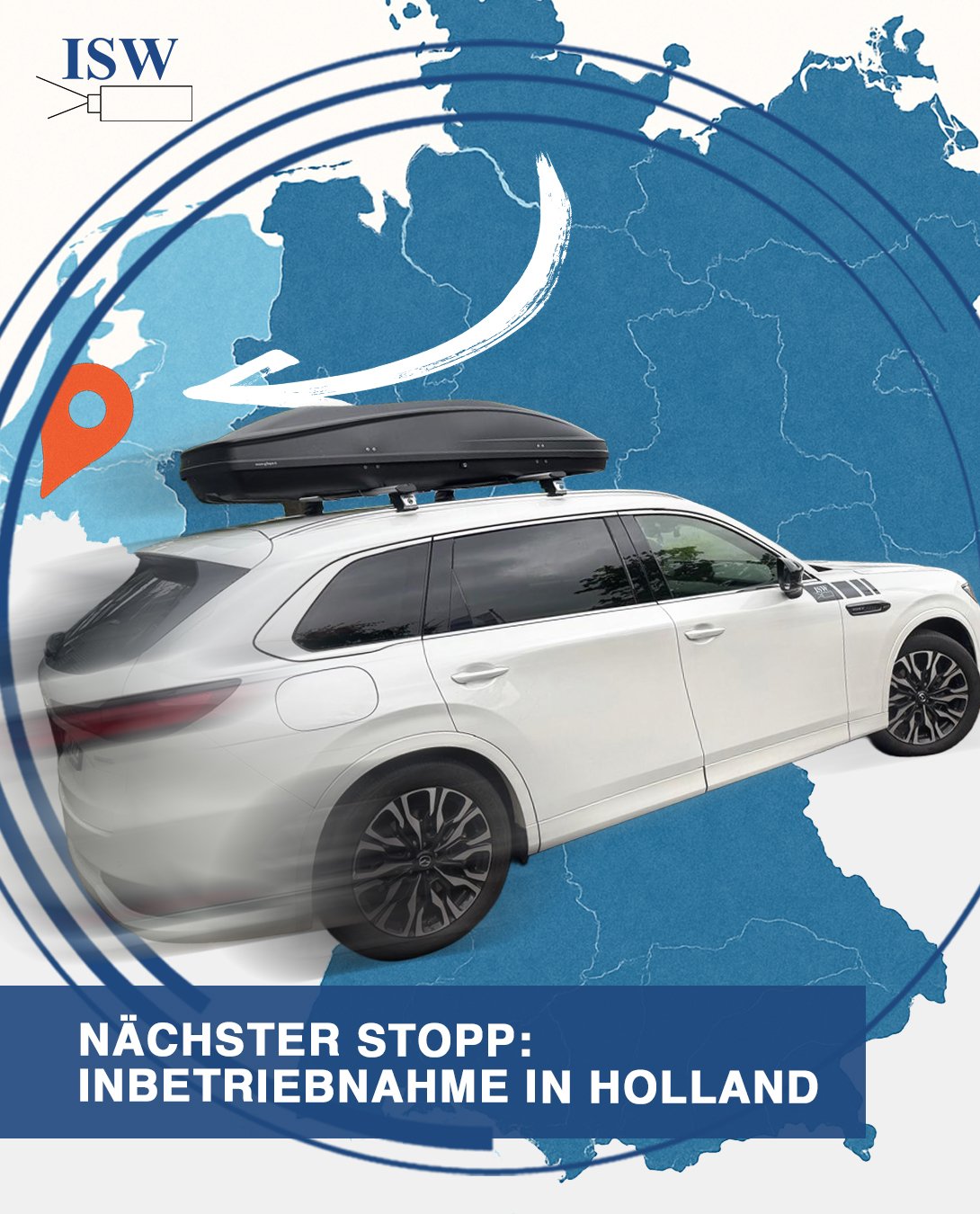 weisses Fahrzeug mit Dachbox Deutschland und Holland Karte