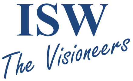 Logo mit Text 'ISW The Visioneers', blaue Schrift, heller Hintergrund.
