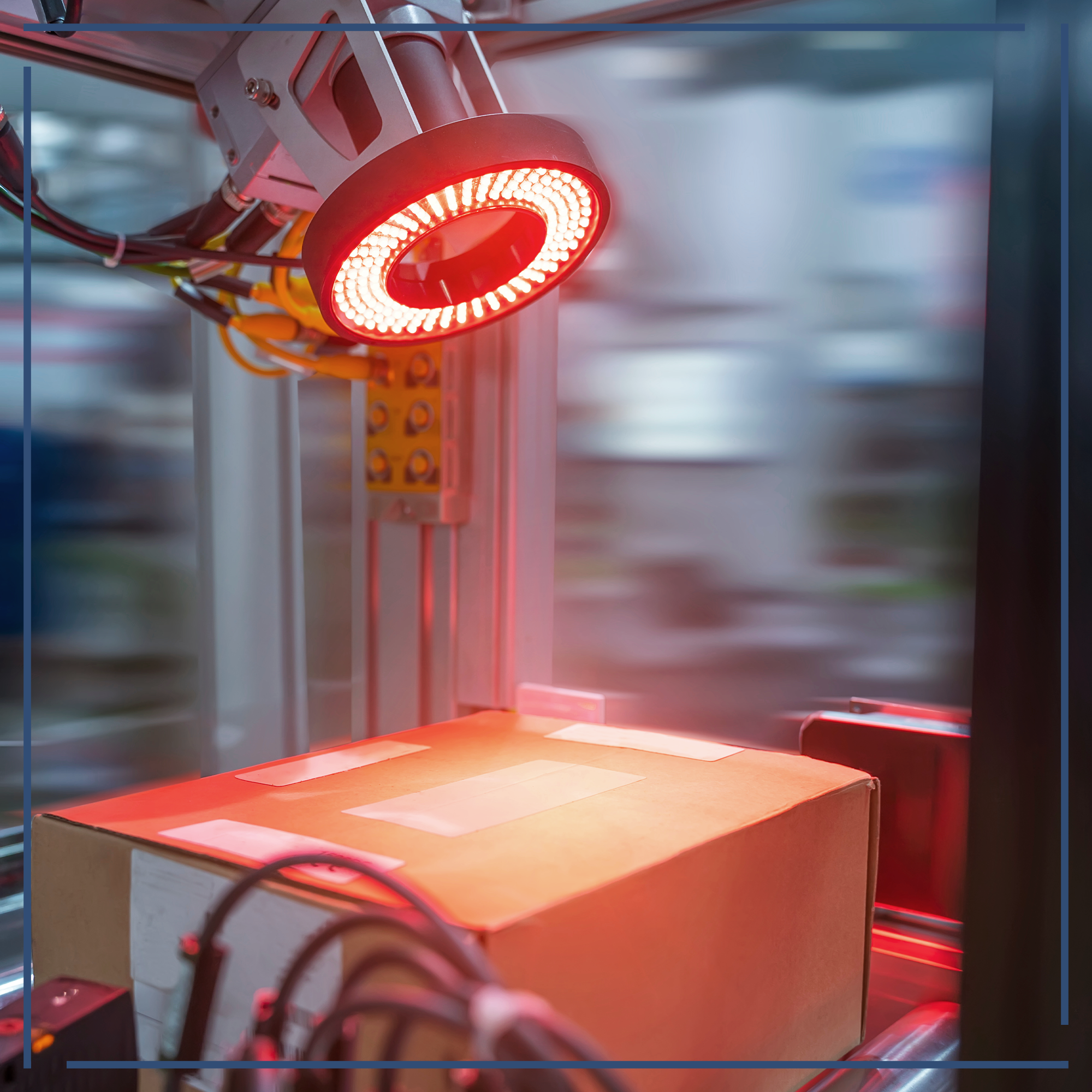 Karton auf Förderband mit Scan-System und roten Lichtern