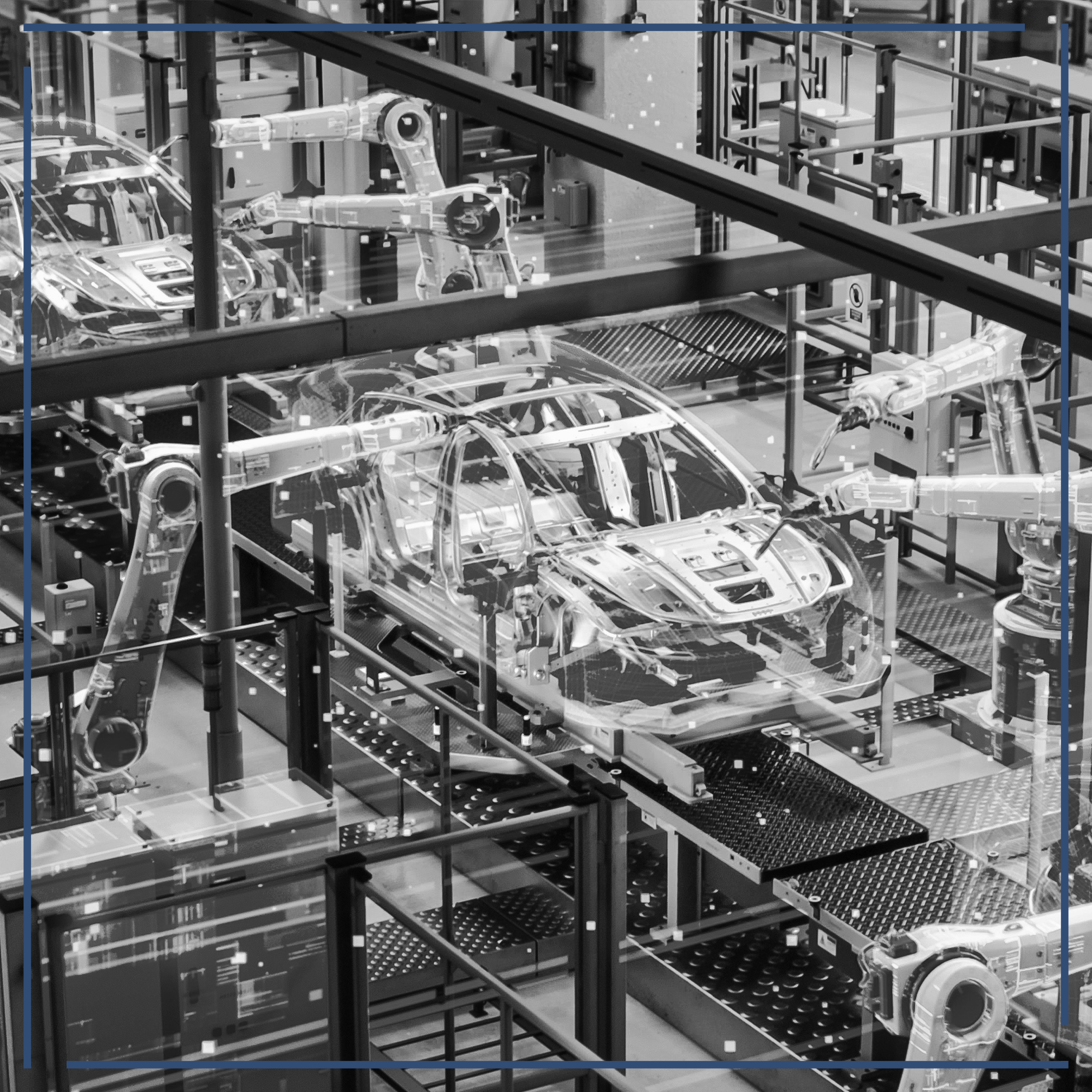 Produktionslinie mit Robotern und Autos in einer Fabrikhalle.