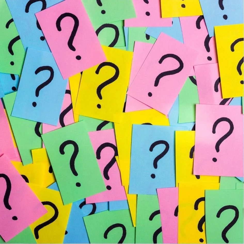 lots of post it notes of different colours with questions marks written on them