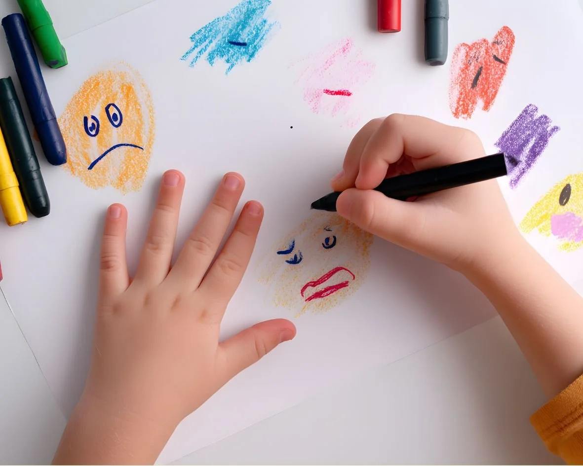 a child drawing lots of difference emotions using crayons