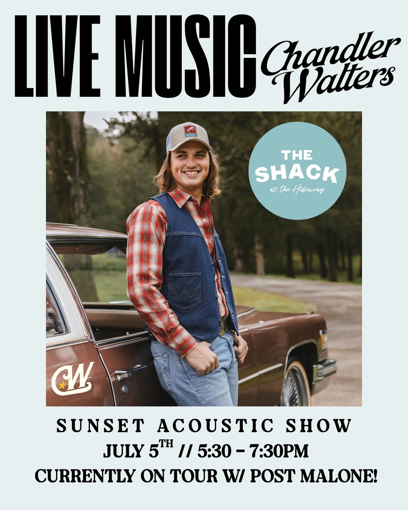 L I V E  M U S I C 🎶  It&rsquo;s time to dust off your boots to catch @chandlerwaltersmusic live at The Shack on July 5th!!! &rarr; Hull Bay is the perfect place to take a break after being on tour w/ Post Malone 👀

5:30&ndash;7:30PM // Acoustic se