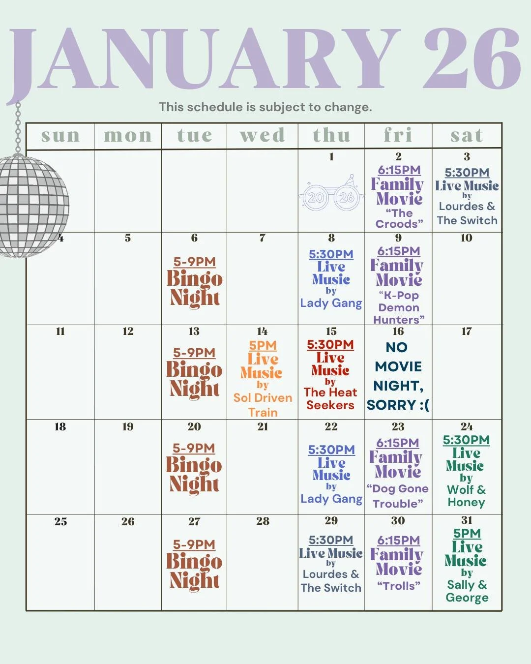 A fresh year, a full calendar, and plenty of reasons to come hang ✨ &rarr; Live music with @soldriventrain, @ladygangmusic &amp; more, plus Tuesday Bingo and Family Movie Nights. This month is already giving 😉
