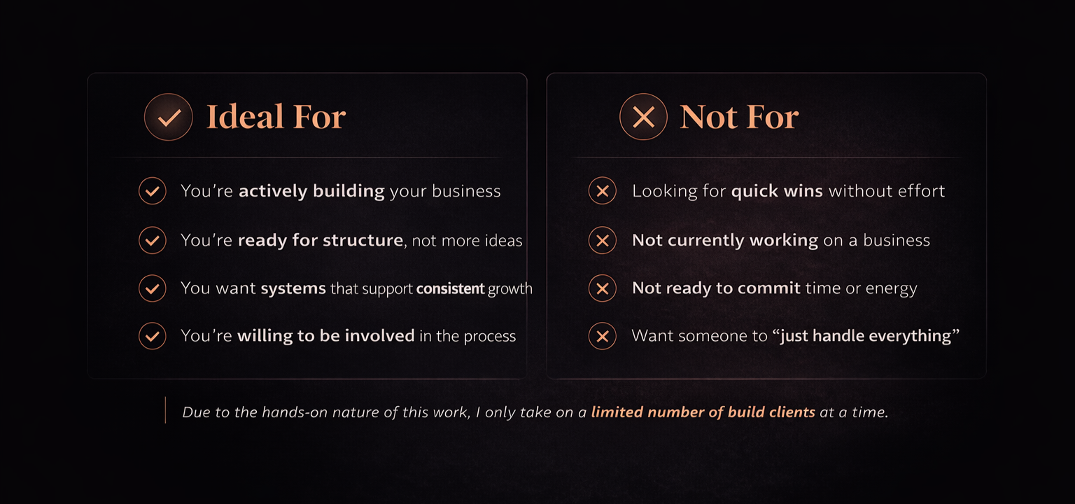 A digital graphic comparing ideal qualities for business builders versus traits to avoid, with checkmarks for the ideal side and crosses for the not ideal side, set against a dark background.