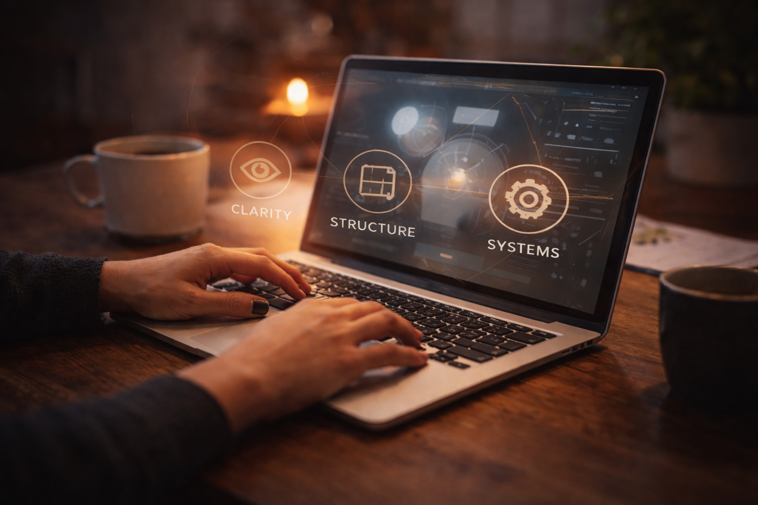 Person using a laptop with holographic interface showing icons labeled clarity, structure, and systems on a wooden table with a coffee mug and a lamp in the background.