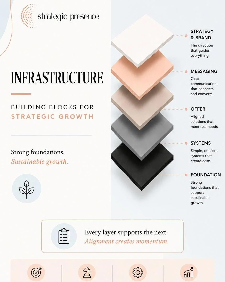 You're trying to grow.

But everything feels heavier.

Here's what I've noticed: most business owners think they need to scale faster. More clients, more revenue, more visibility.

But they're building on sand.

Their offer isn't clear. Their message
