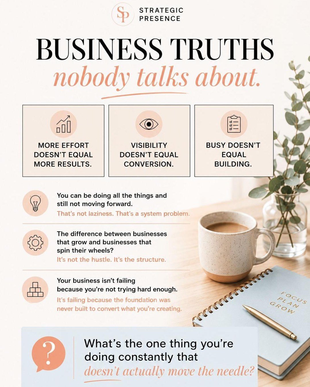 Business truths nobody talks about.

More effort doesn't equal more results.
Visibility doesn't equal conversion.
Busy doesn't equal building.

You can be doing all the things and still not moving forward. That's not laziness. That's a system problem
