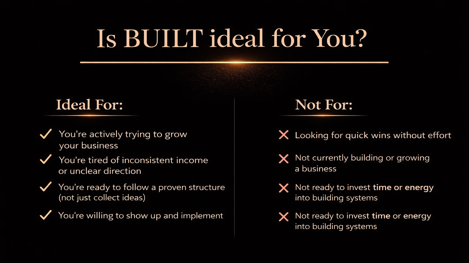 A black and gold promotional graphic with the title 'Is BUILT ideal for You?' and a list of criteria on the left labeled 'Ideal For' and a list on the right labeled 'Not For'. The 'Ideal For' list includes actively trying to grow your business, tired of inconsistent income, ready to follow a proven structure, willing to show up and implement. The 'Not For' list includes looking for quick wins without effort, not currently building or growing a business, not ready to invest time or energy into building systems.