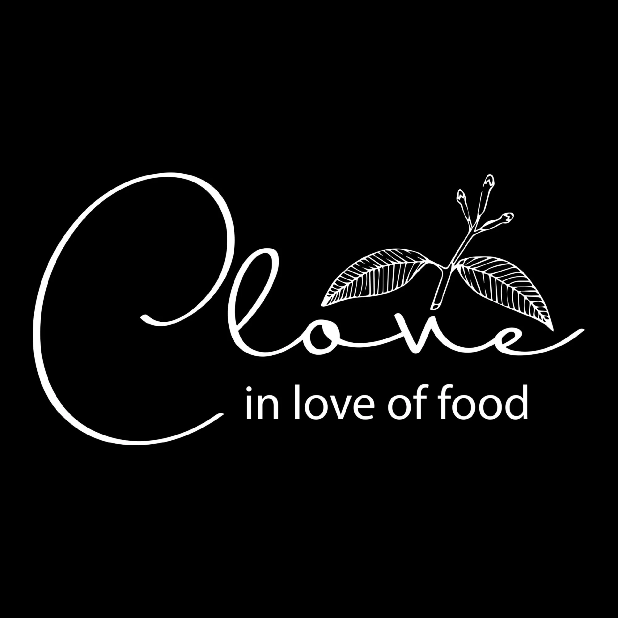 Black background with white text that reads 'Coffee in love of food' and a simple line drawing of a coffee plant with leaves and flowers.