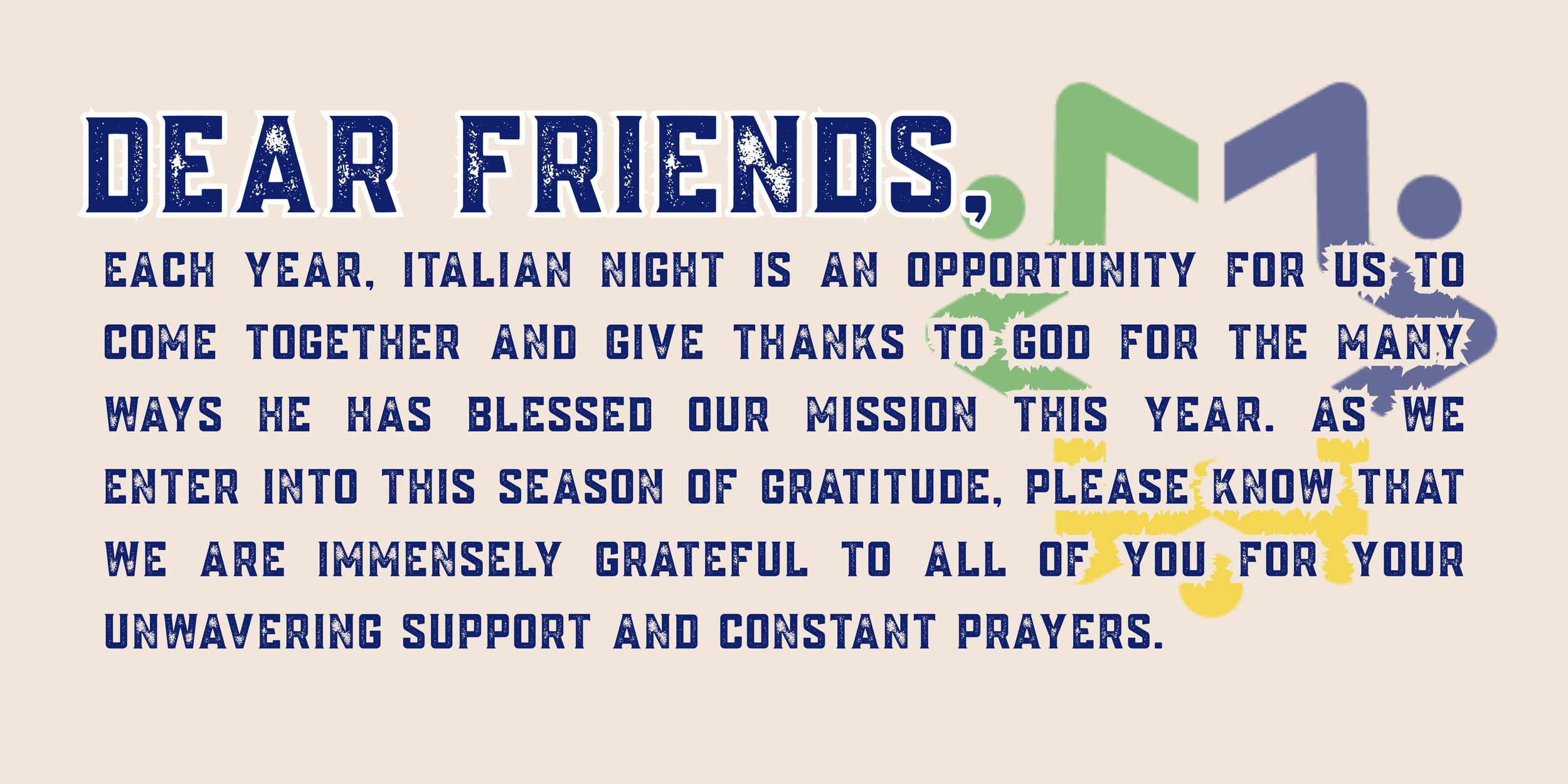 “Dear friends” gratitude message thanking supporters for their prayers and unwavering support, with colorful musical-note graphics.