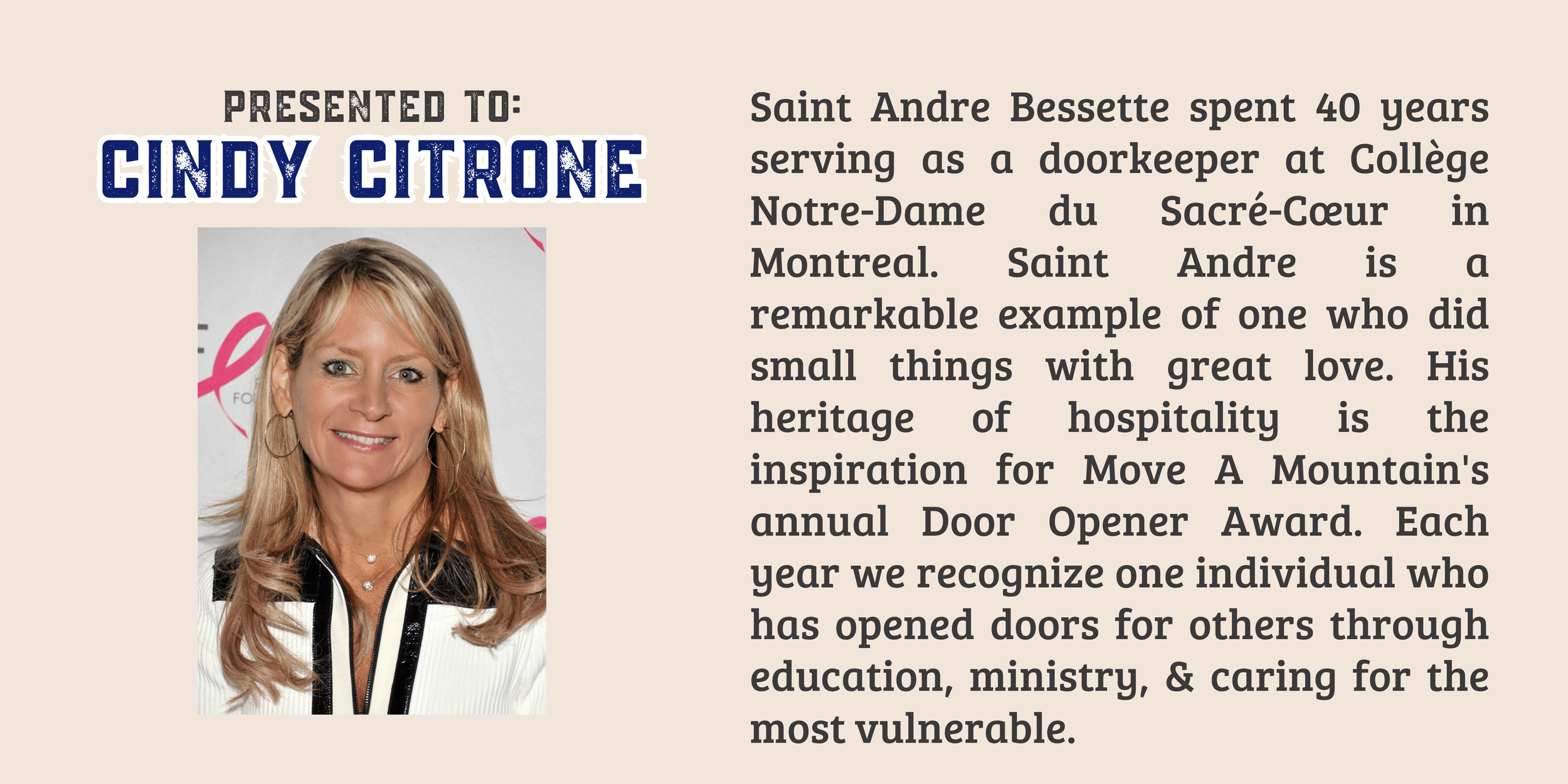 Award announcement featuring a portrait of Cindy Citrone and text honoring Saint Andre Bessette and the annual Door Opener Award