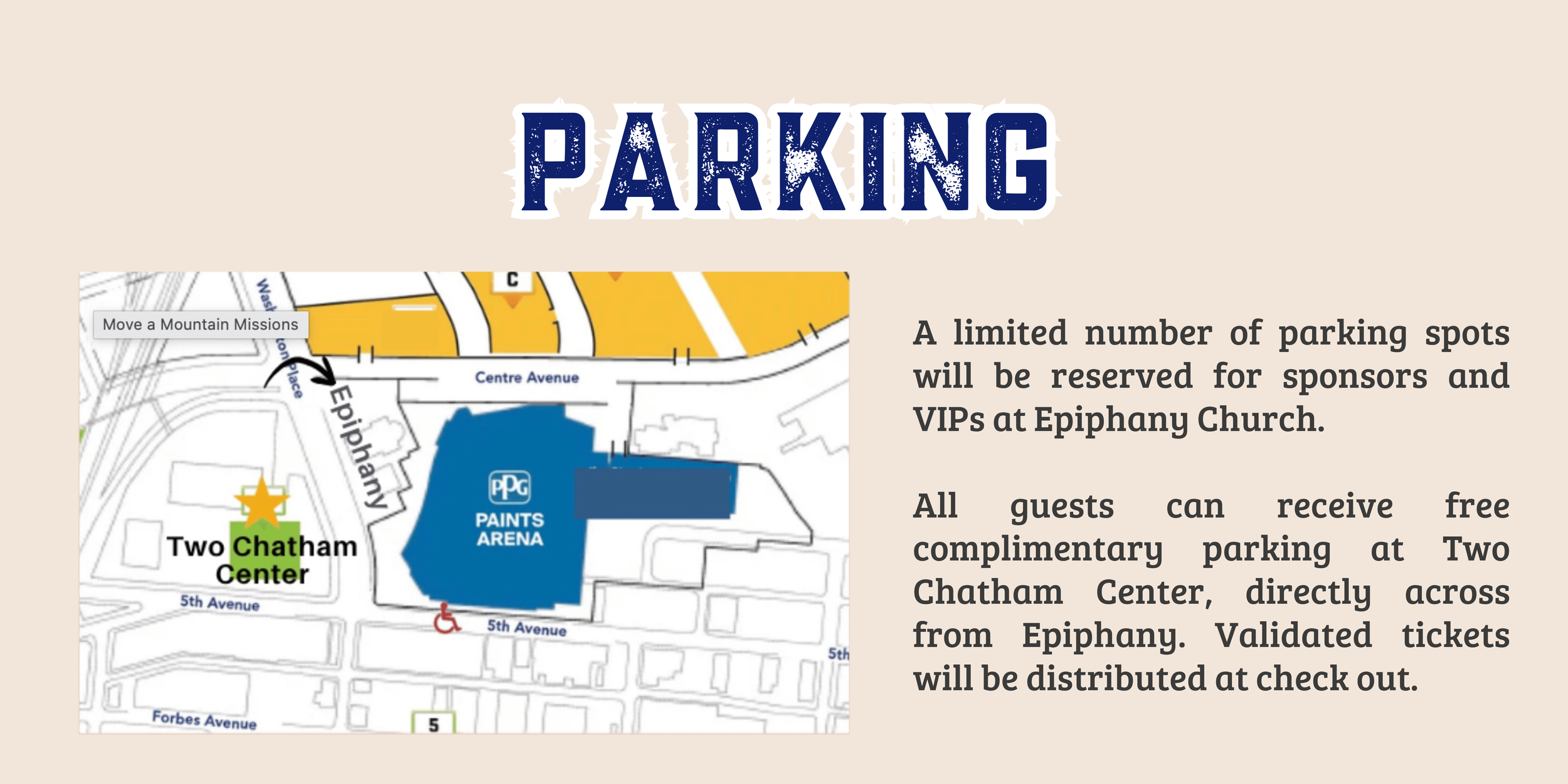 Parking information graphic with a map showing Epiphany Church, PPG Paints Arena, and Two Chatham Center, plus details about reserved sponsor and VIP parking and free guest parking.