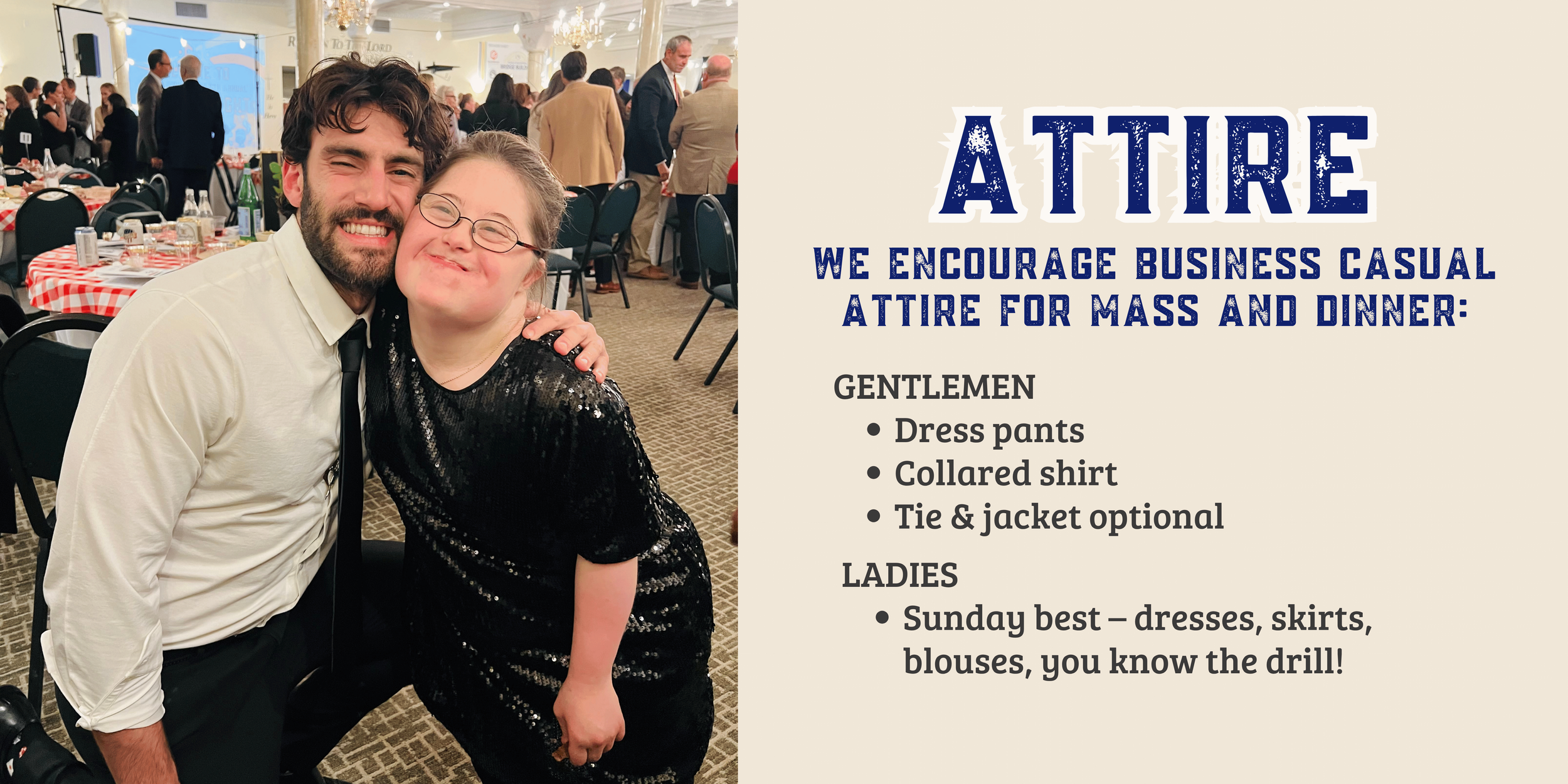 Couple smiling at a formal dinner beside attire guidelines for business-casual Mass and dinner.